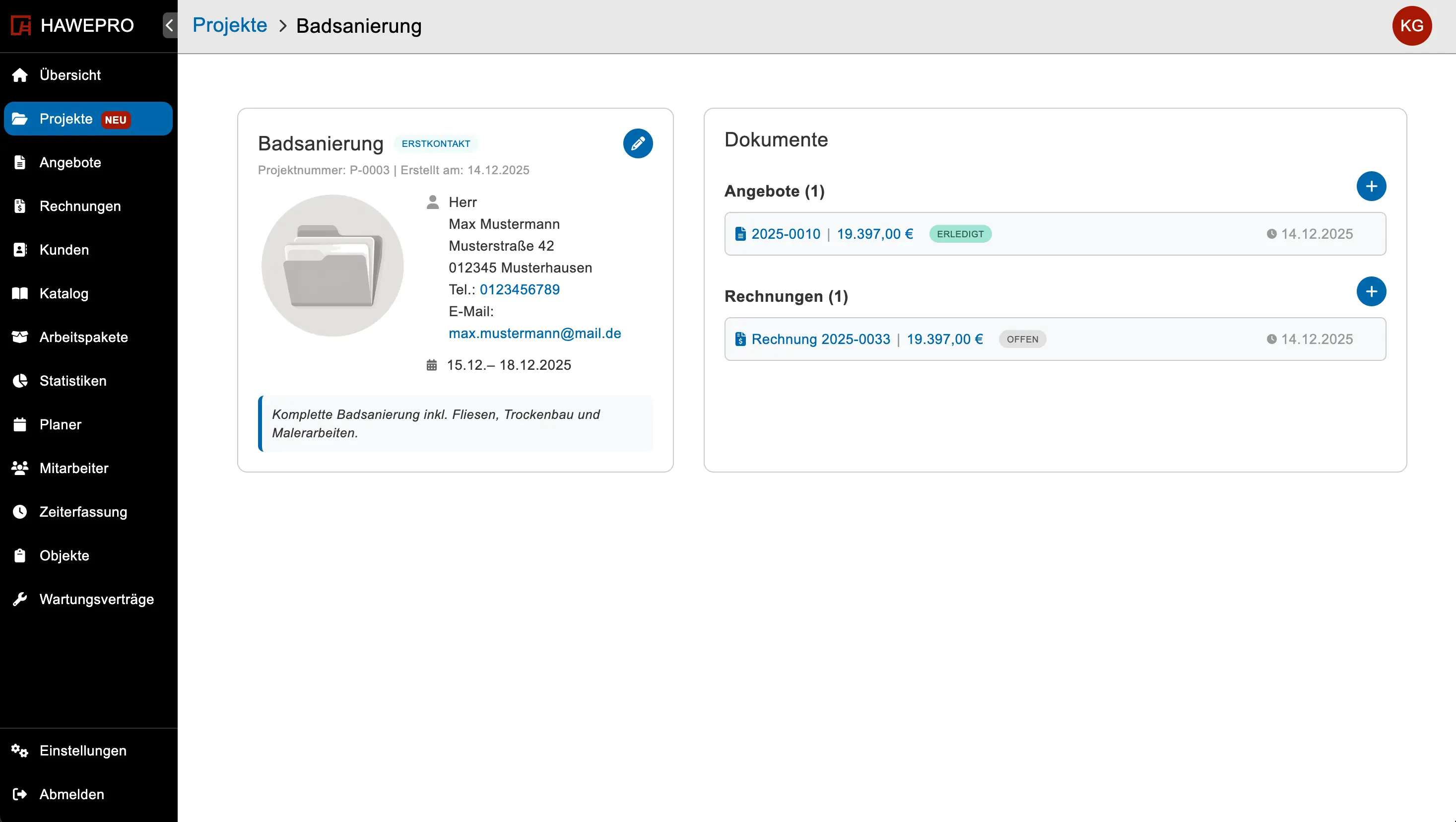 Projektverwaltung & Baustellenübersicht in Hawepro