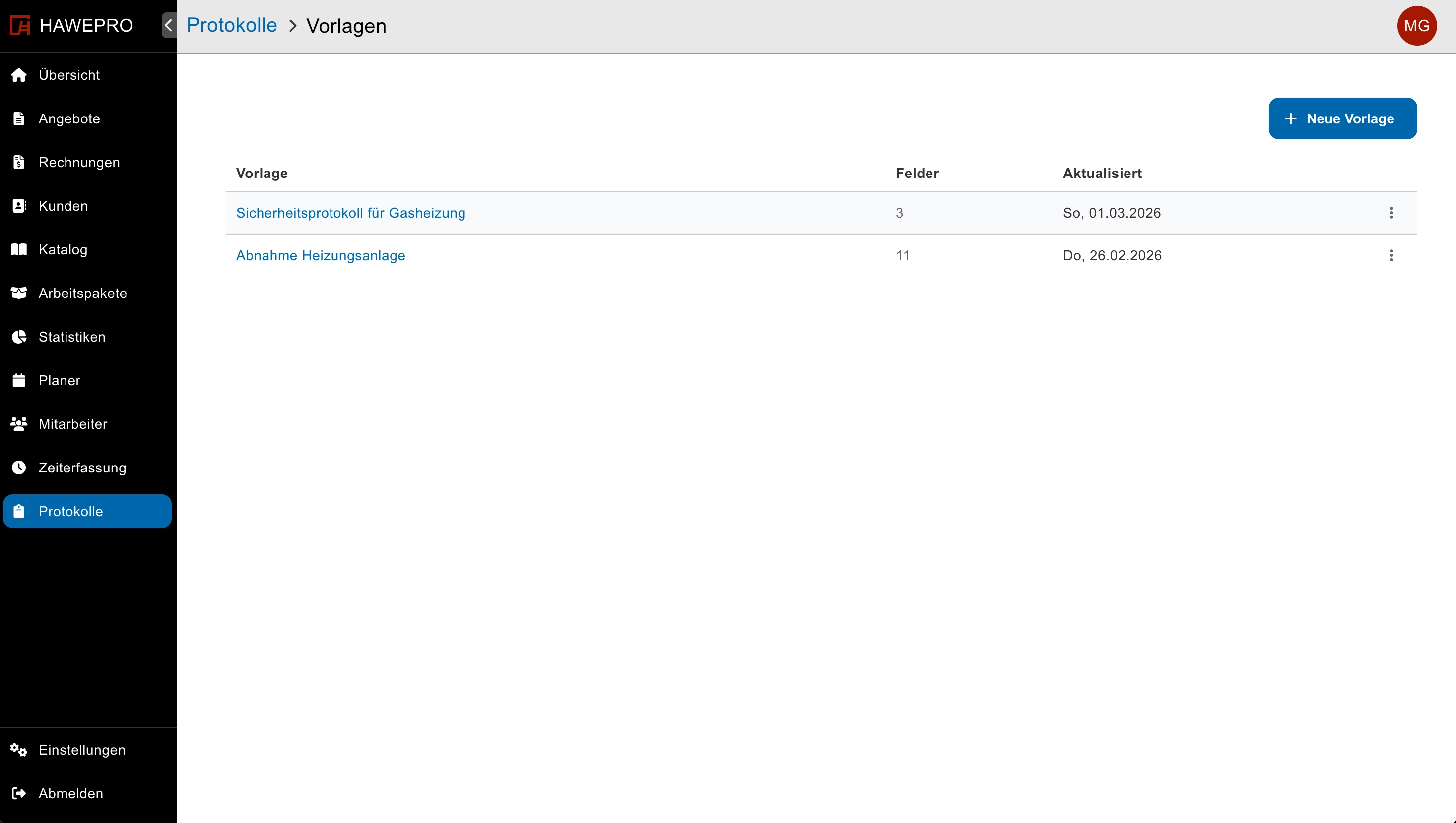 Protokollvorlagen verwalten in Hawepro