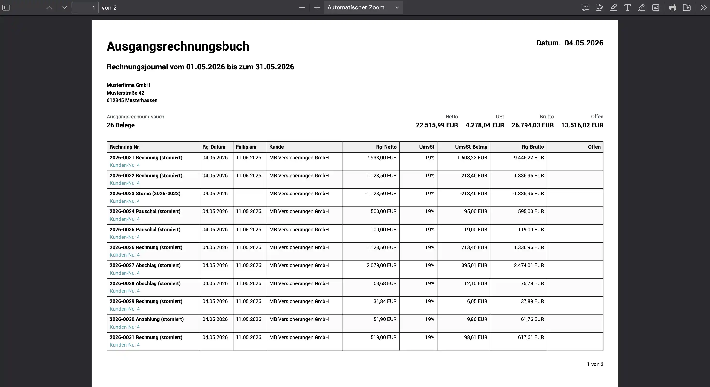Rechnungsausgangsbuch in Hawepro – GoBD-konformer PDF-Export