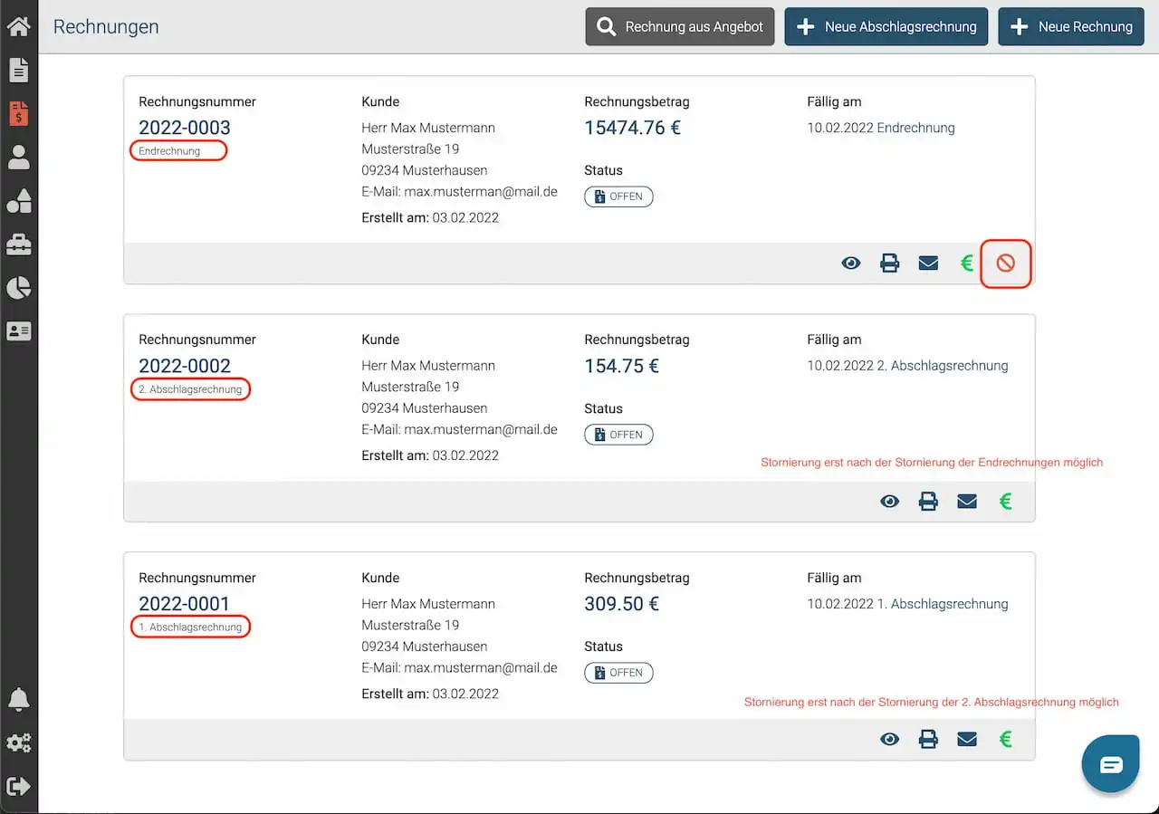 Schritt für Schritt Rechnungen stornieren