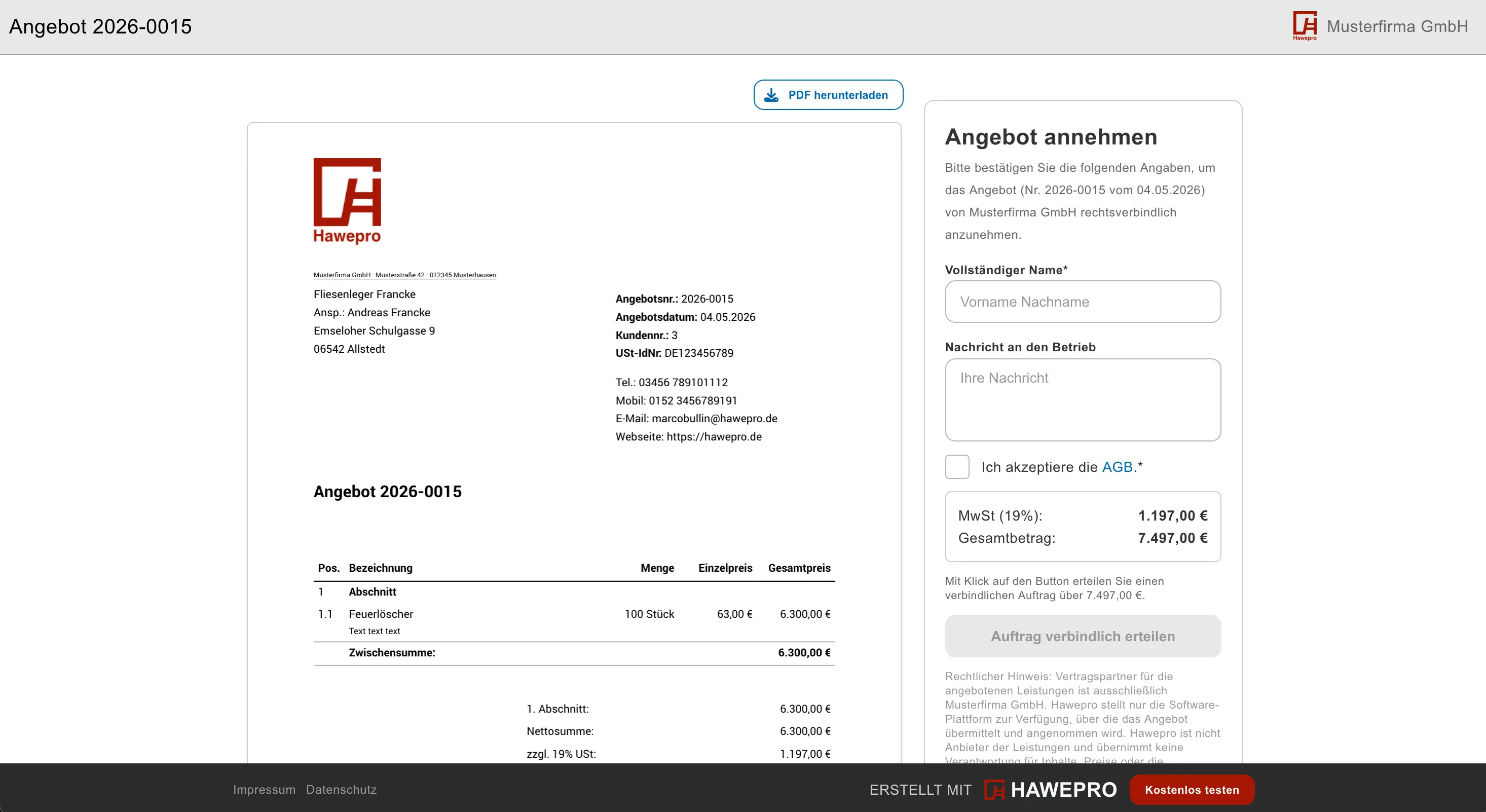 Online-Angebotsannahme in Hawepro