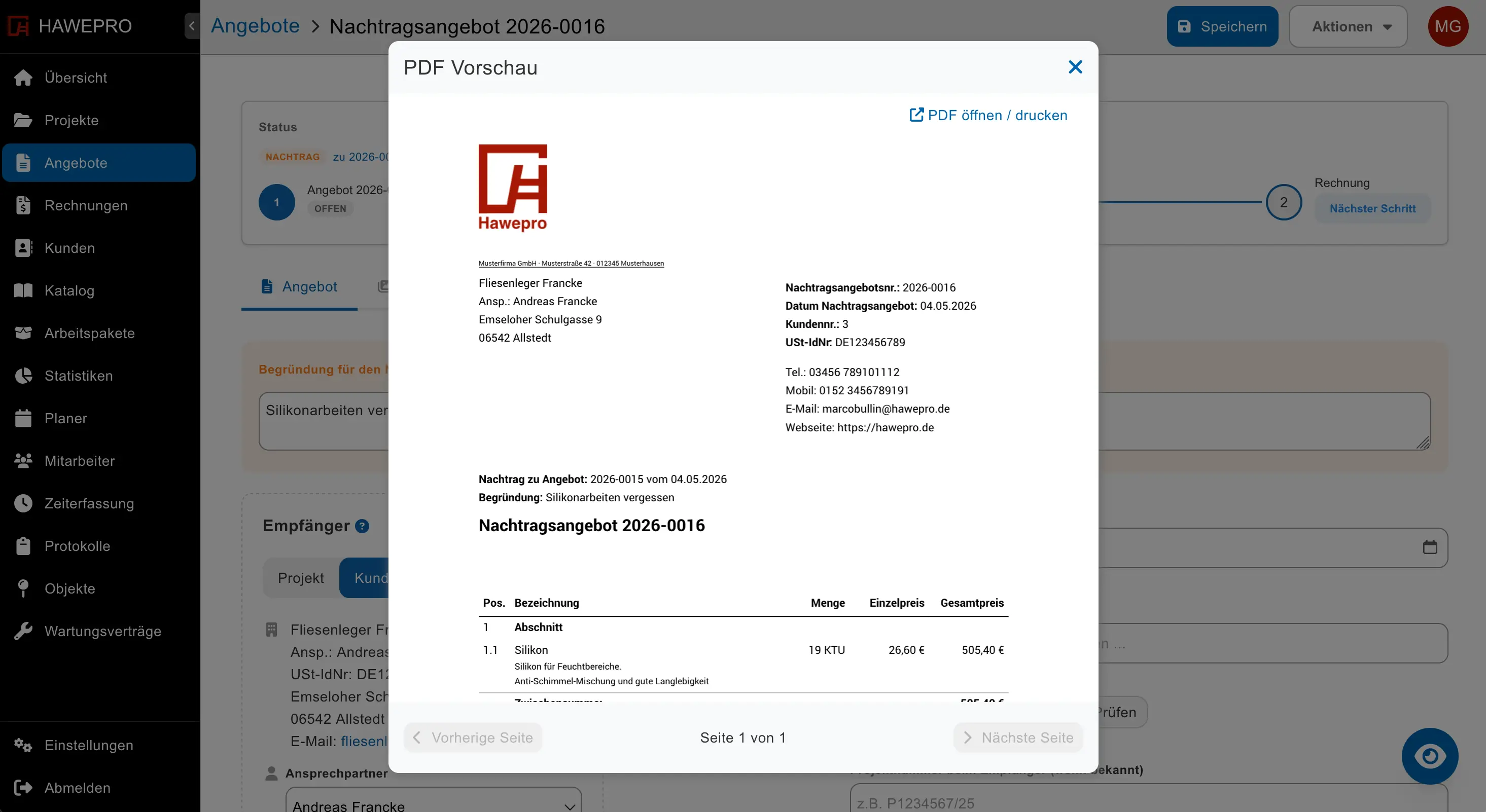 Nachtragsangebot in Hawepro – revisionssichere Verknüpfung zum Ursprungsangebot