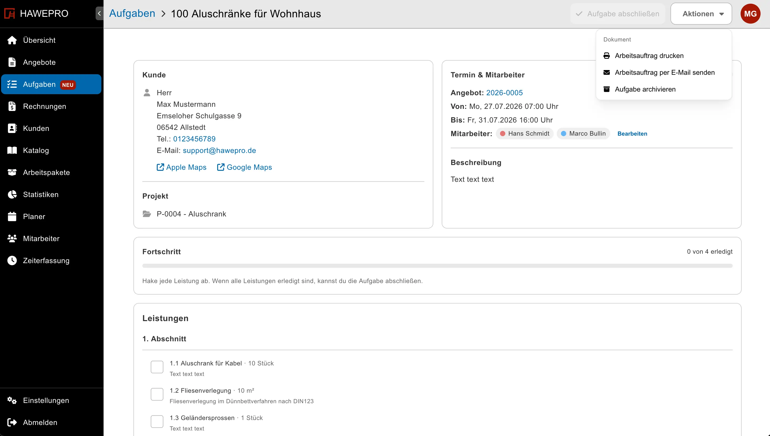 Aktionsmenü der Aufgabe mit Drucken und E-Mail-Versand in Hawepro