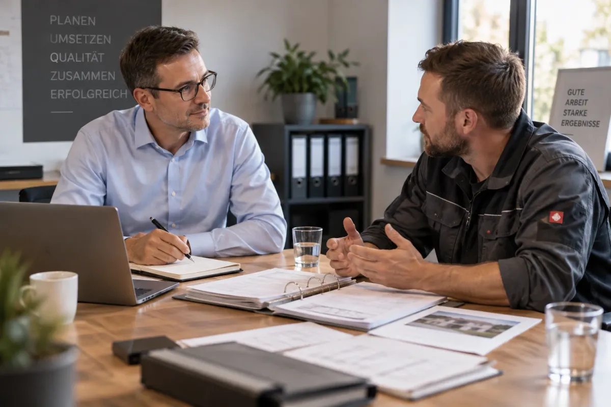 Betriebsprüfer und Handwerksmeister am Besprechungstisch mit Unterlagen und Laptop