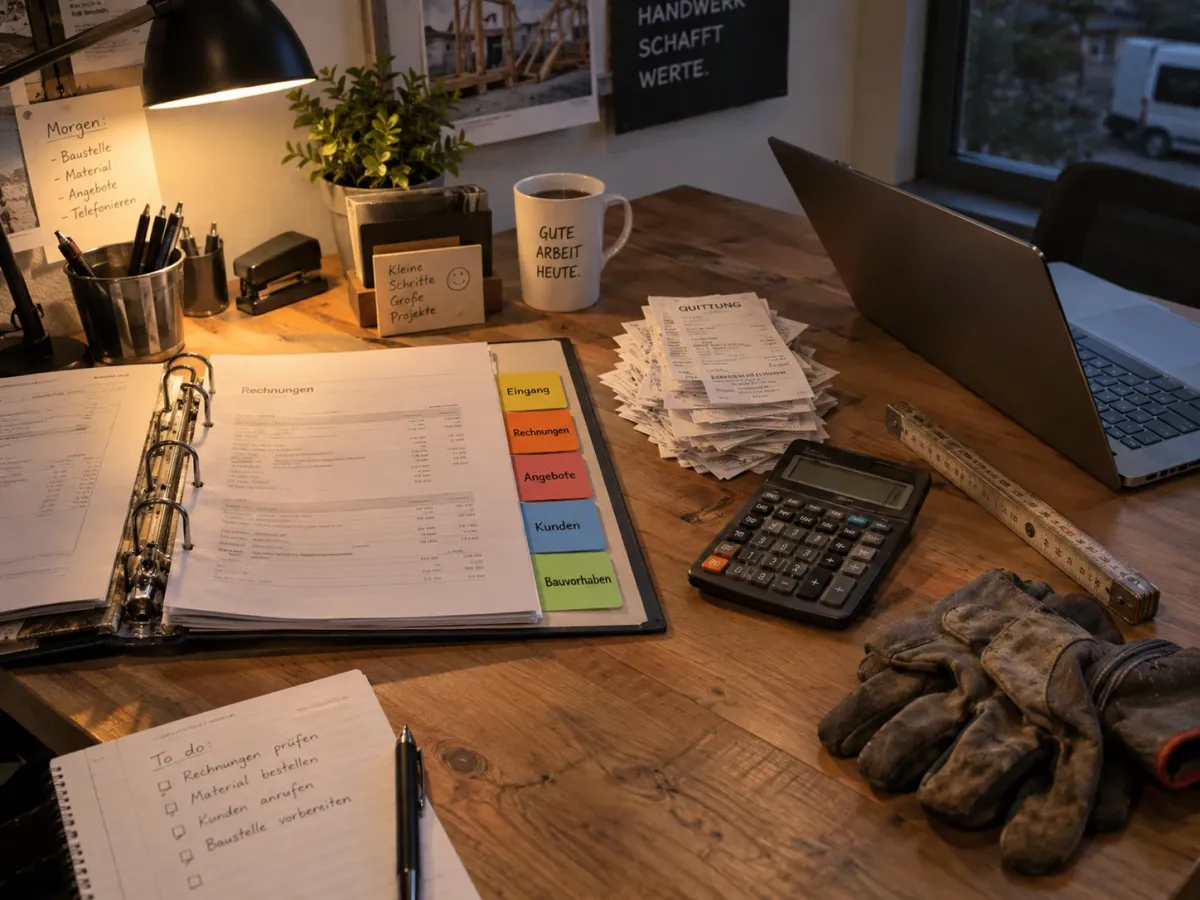 Schreibtisch im Handwerksbetrieb mit Belegordner, Taschenrechner und Laptop