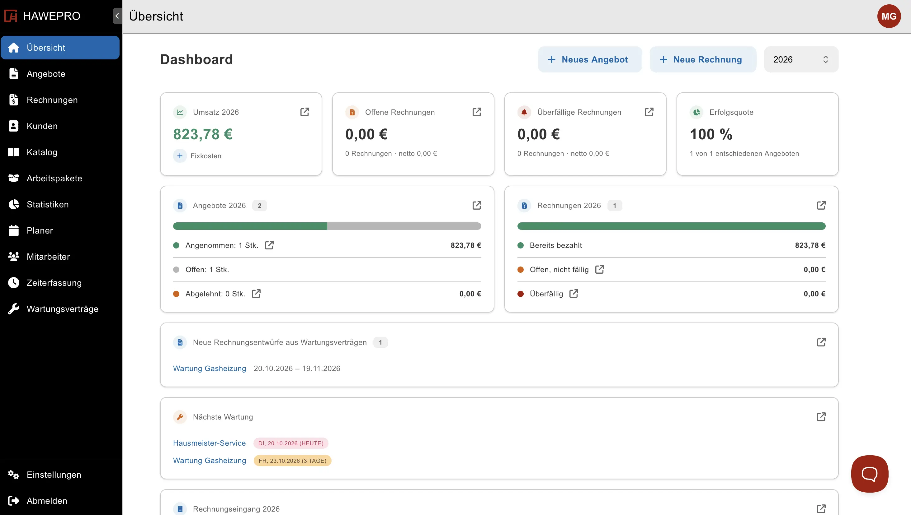 Dashboard mit nächsten Wartungen und neuen Rechnungsentwürfen