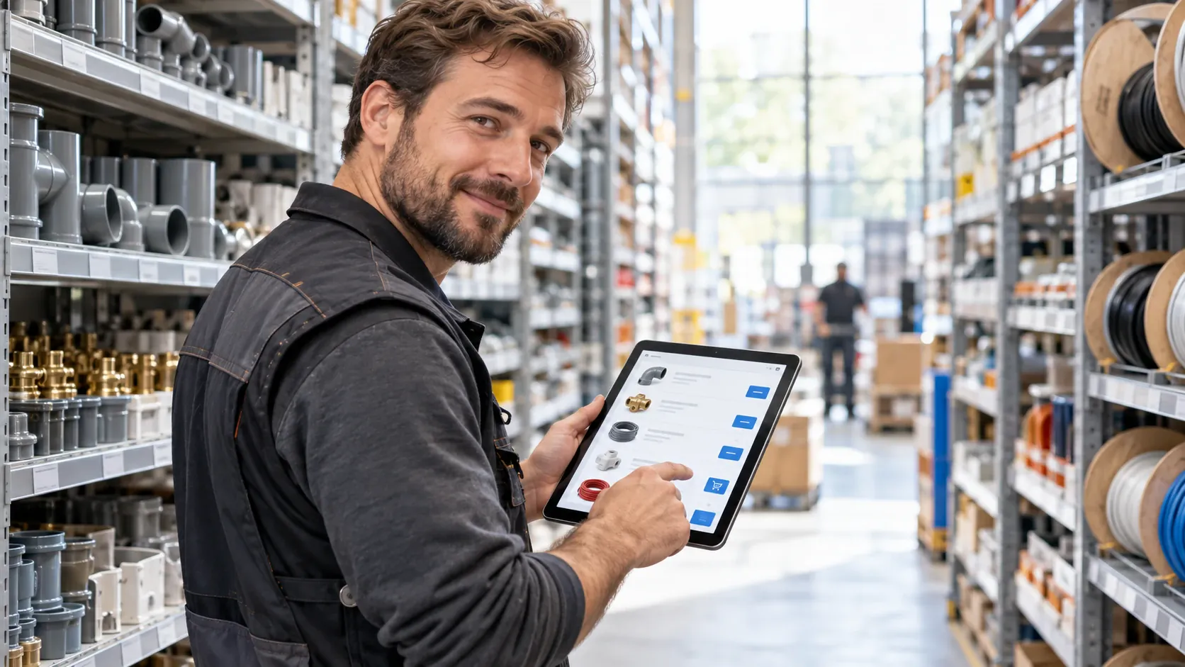 Handwerker im Großhandelslager mit Tablet und Artikelliste – Datanorm-Kataloge in Hawepro