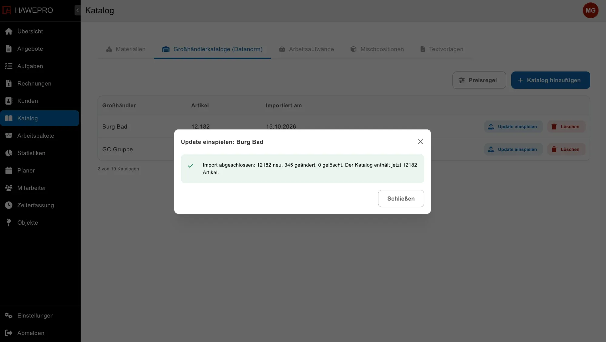 Importbericht eines Datanorm-Katalogs mit neuen, geänderten und gelöschten Artikeln