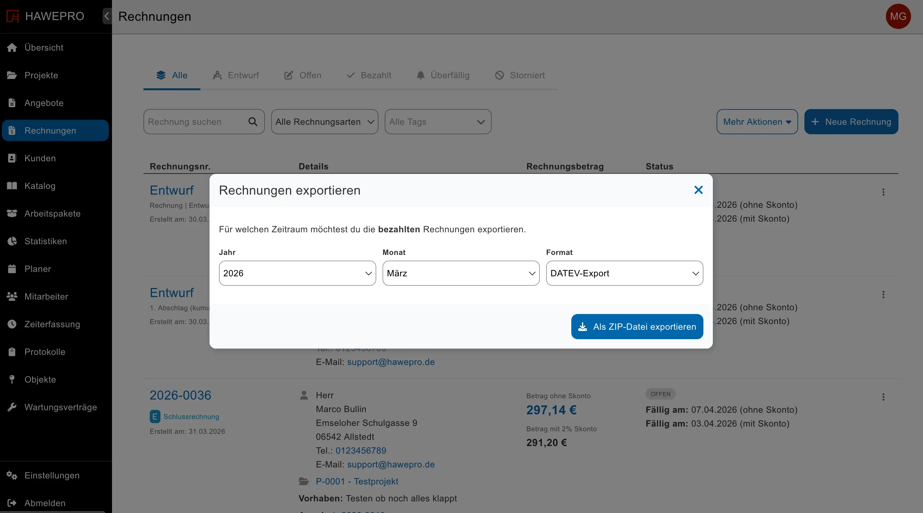 DATEV XML Export in Hawepro