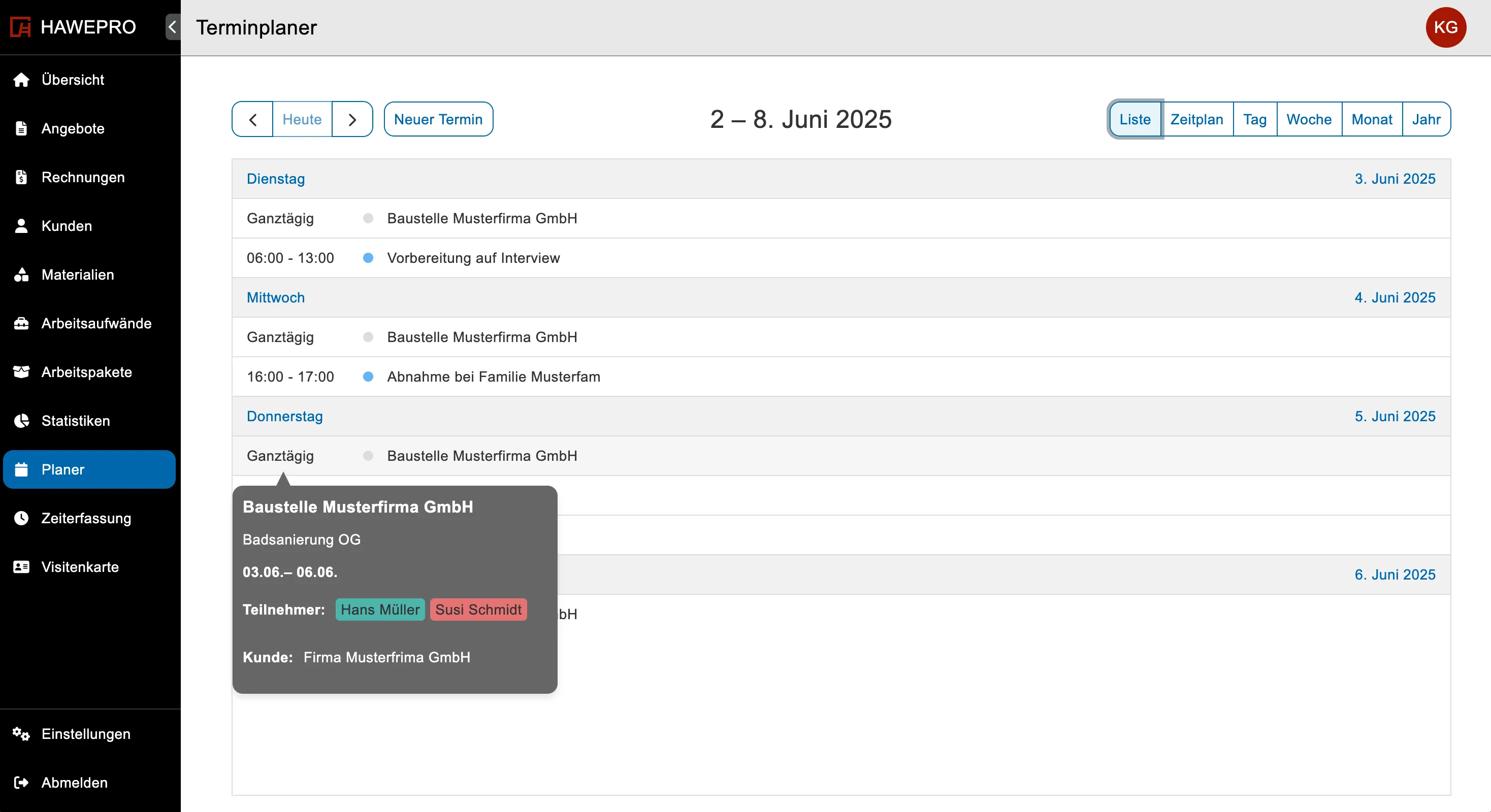Digitale Plantafel der Handwerkersoftware Hawepro