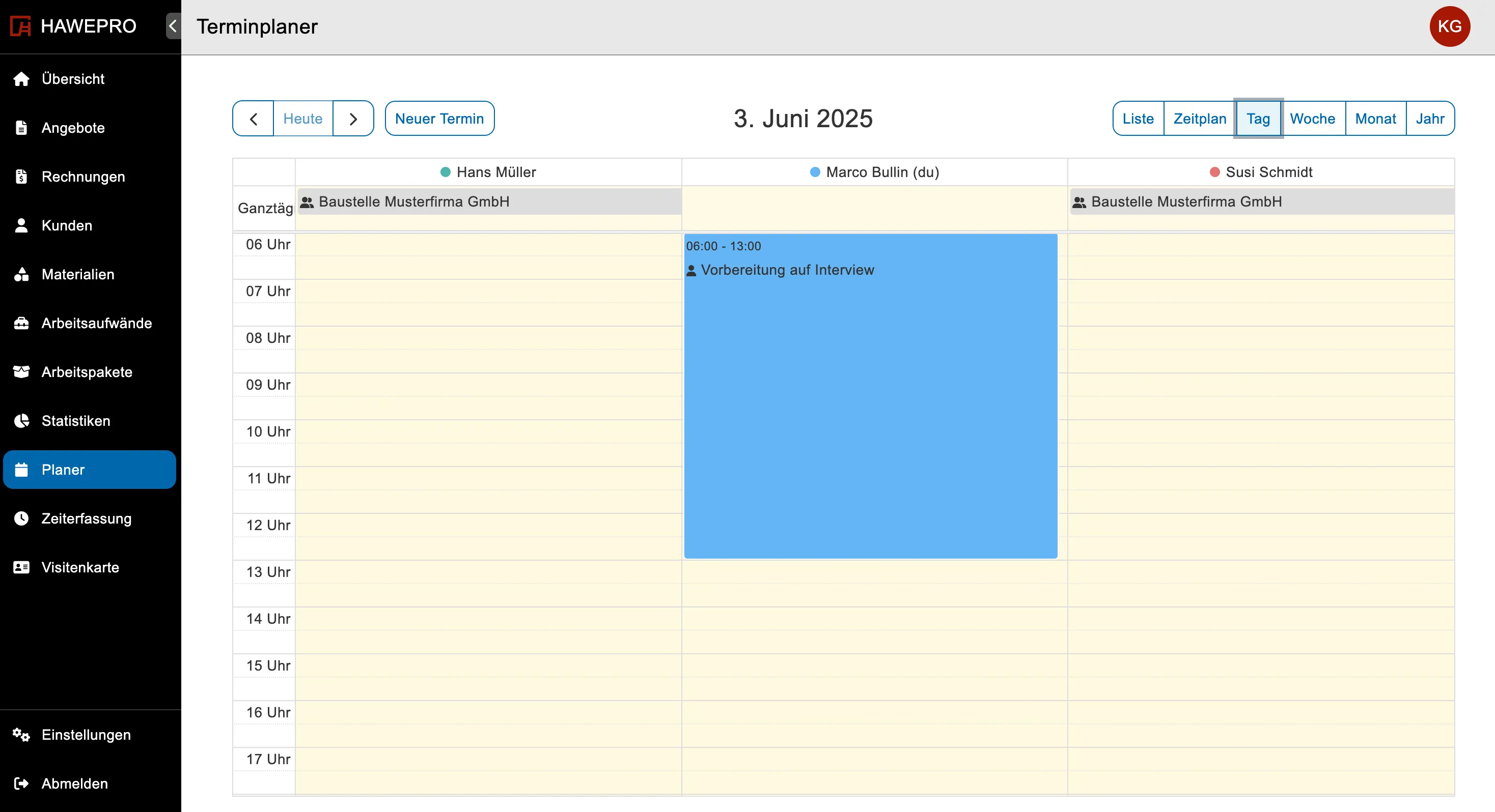 Plantafel mit Tagesansicht in der Handwerker Software Hawepro