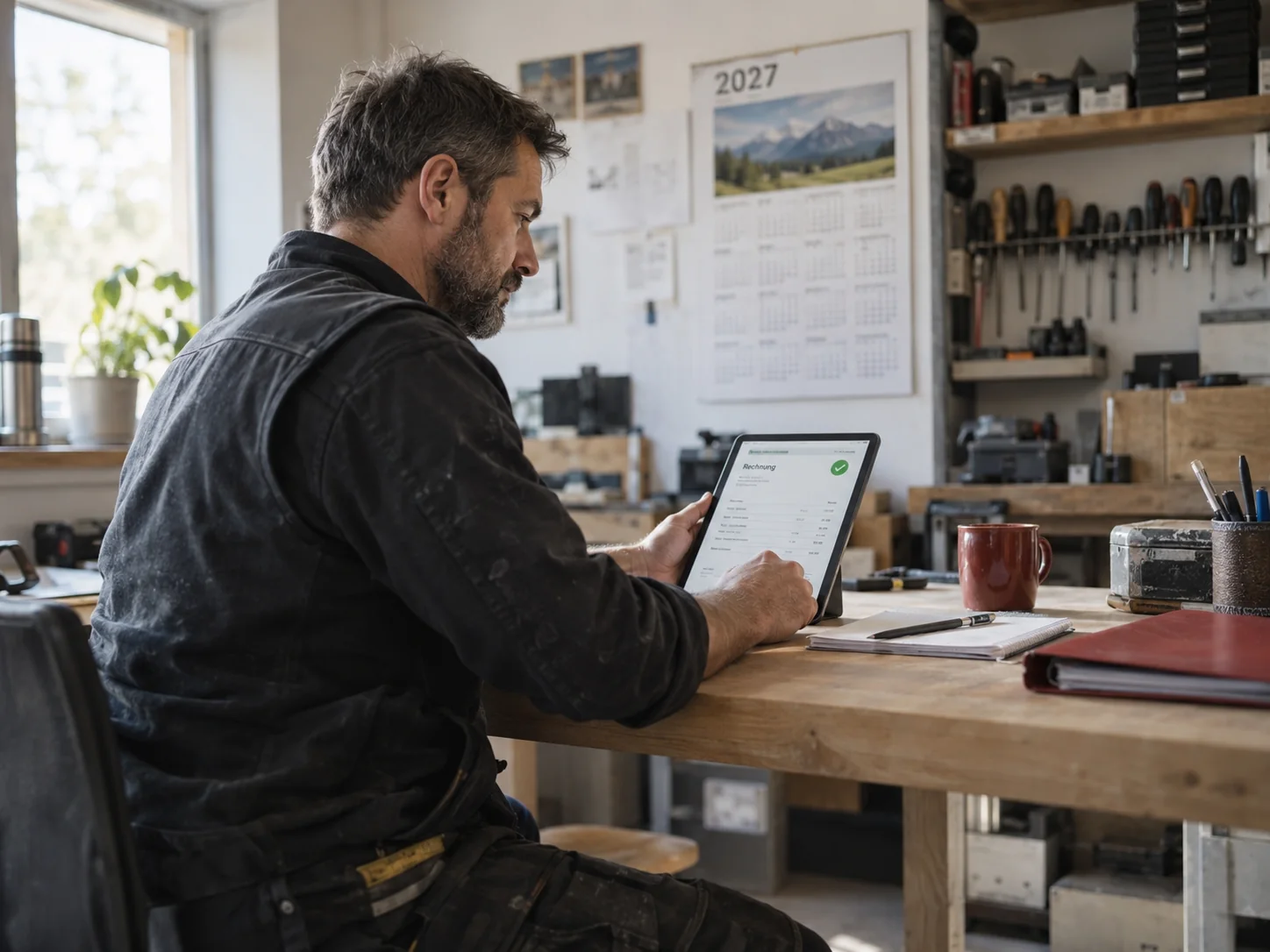 Handwerker prüft am Tablet eine E-Rechnung für die Pflicht ab 2027