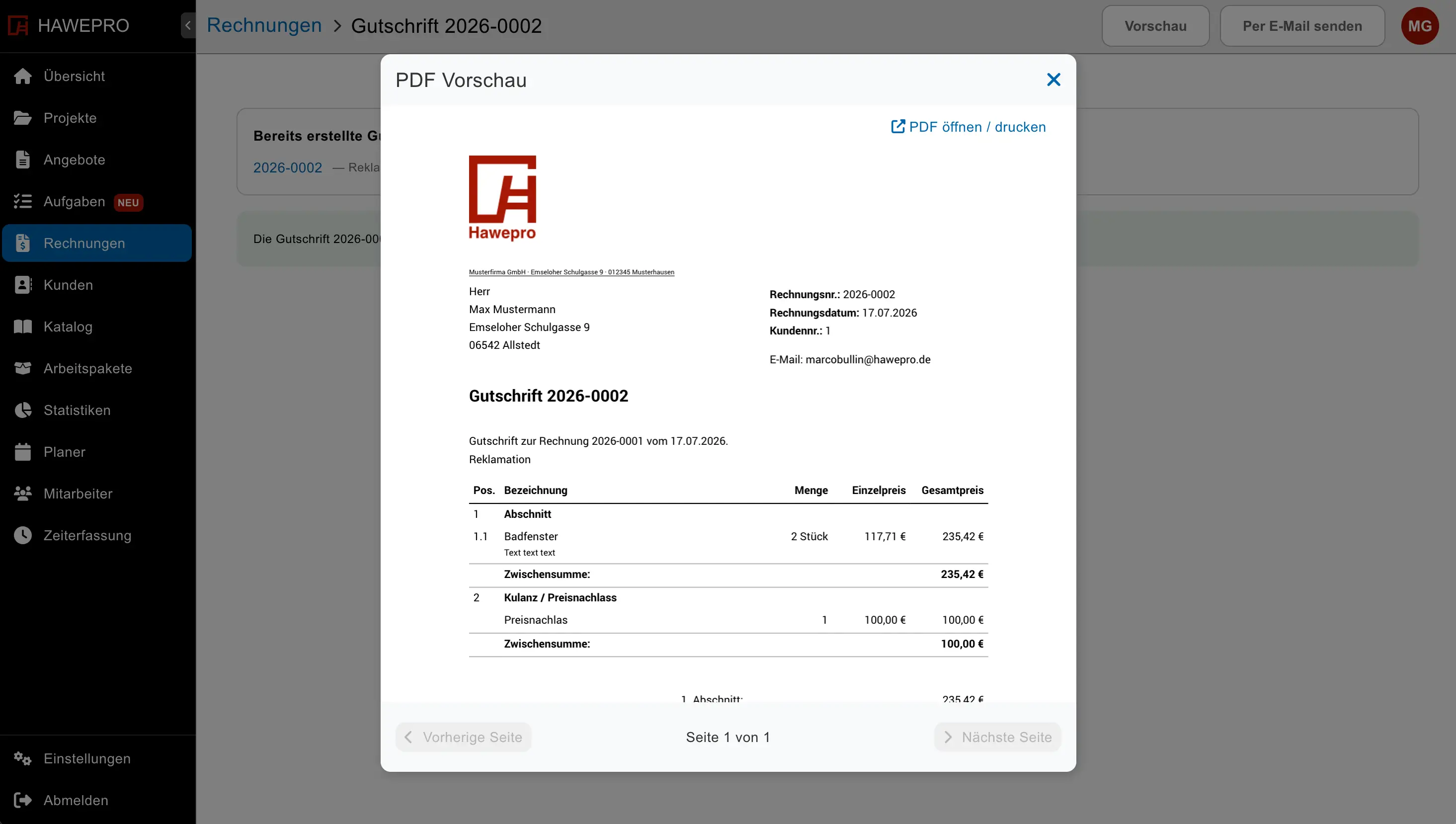 Gutschrift-PDF mit Bezug zur Ursprungsrechnung in Hawepro