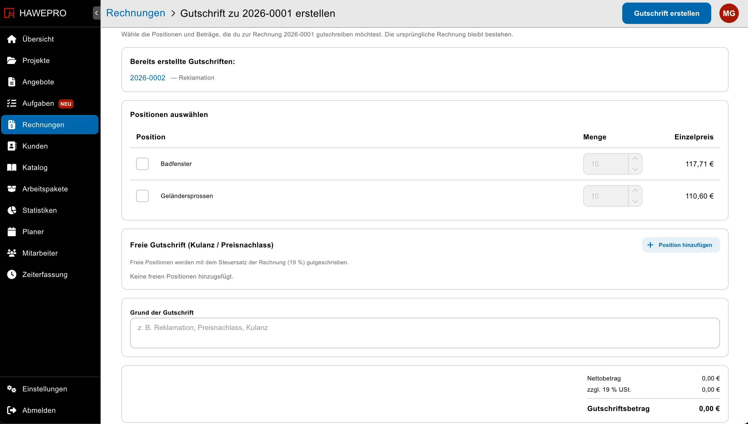 Positionen und Teilmengen für die Gutschrift auswählen in Hawepro