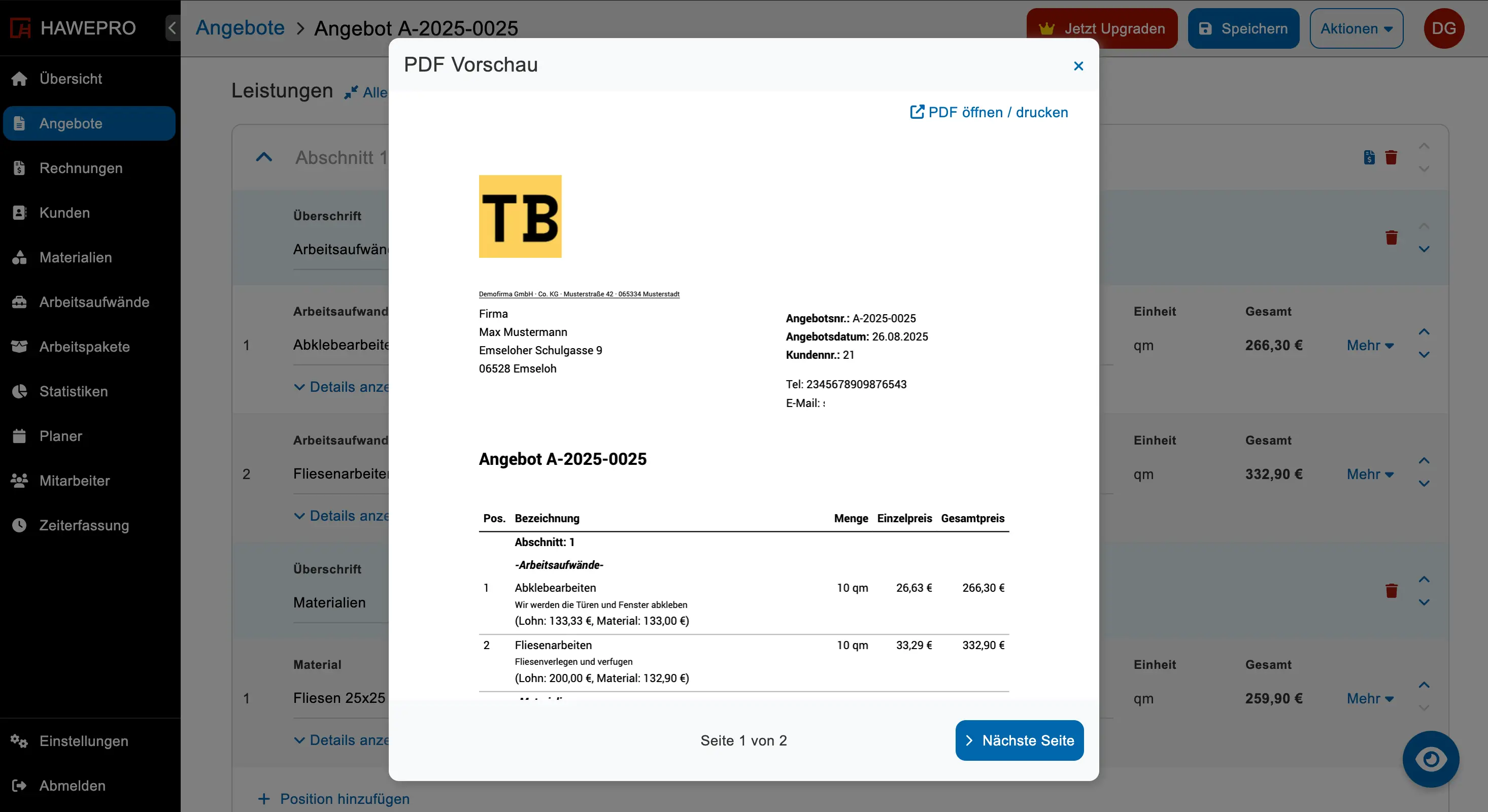 Angebot drucken mit Hawepro