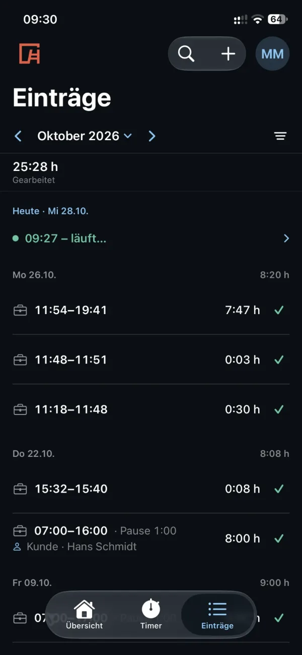 Zeiteinträge des Monats mit Tagessummen und Status in der Hawepro App