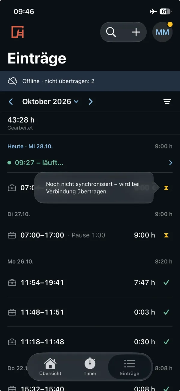 Offline erfasste Einträge warten in der Hawepro App auf die Übertragung