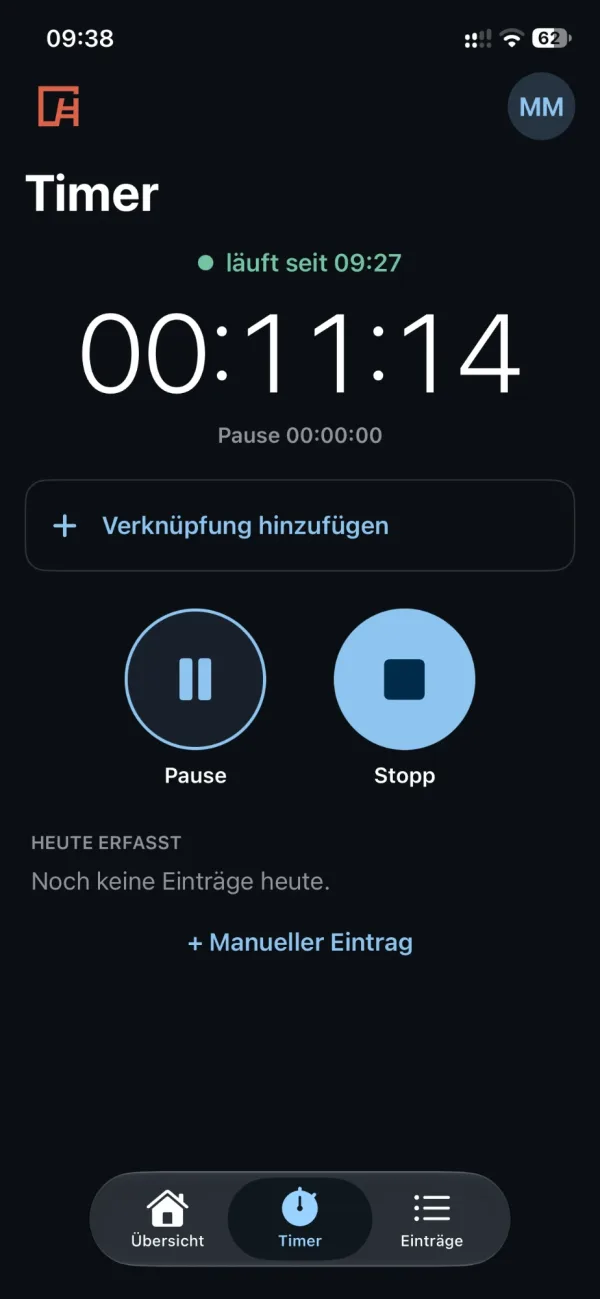 Timer der Hawepro App mit laufender Stoppuhr, Pause und Stopp