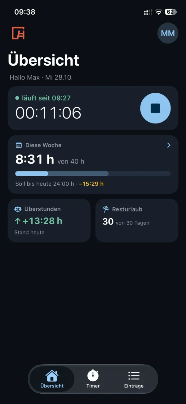 Übersicht mit Wochenstunden, Überstunden und Resturlaub in der Hawepro App