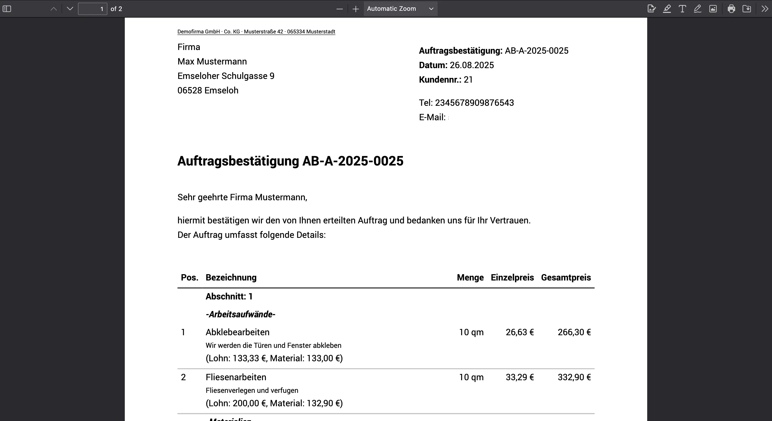 Auftragsbestätigung drucken mit Hawepro