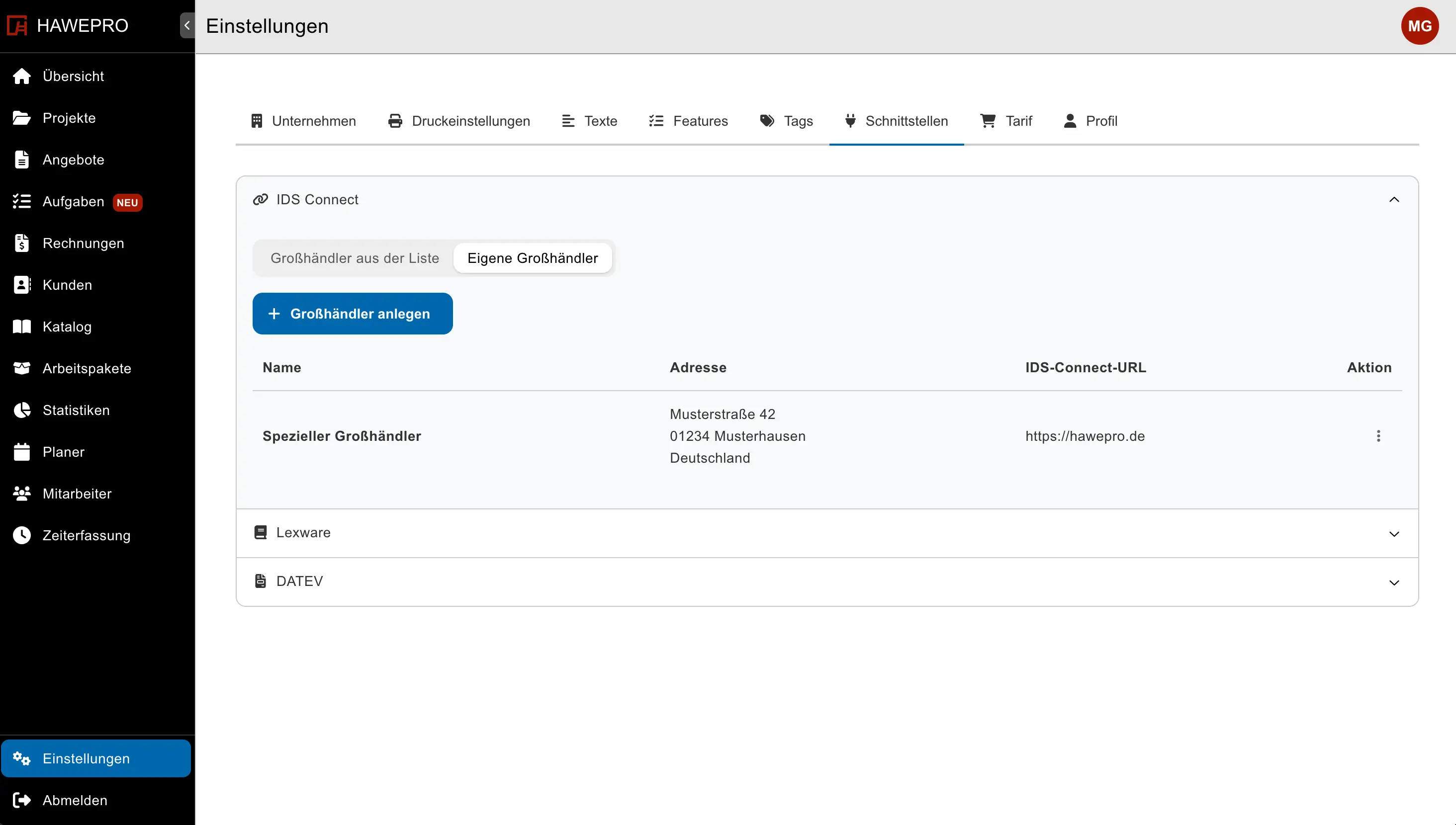 Eigenen IDS-Connect-Zugang eines Großhändlers in Hawepro anlegen
