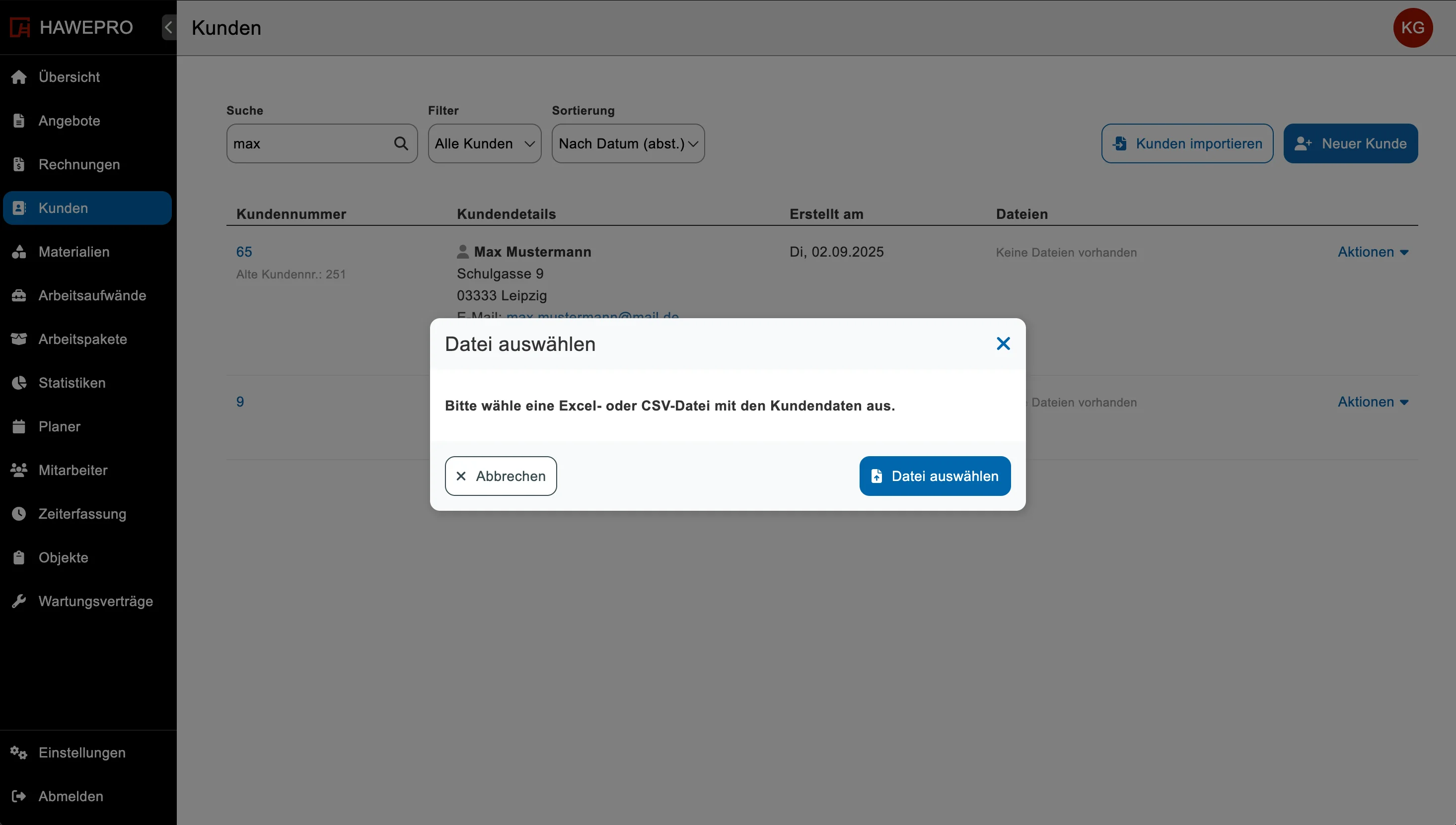 Kunden-Import Datei auswählen