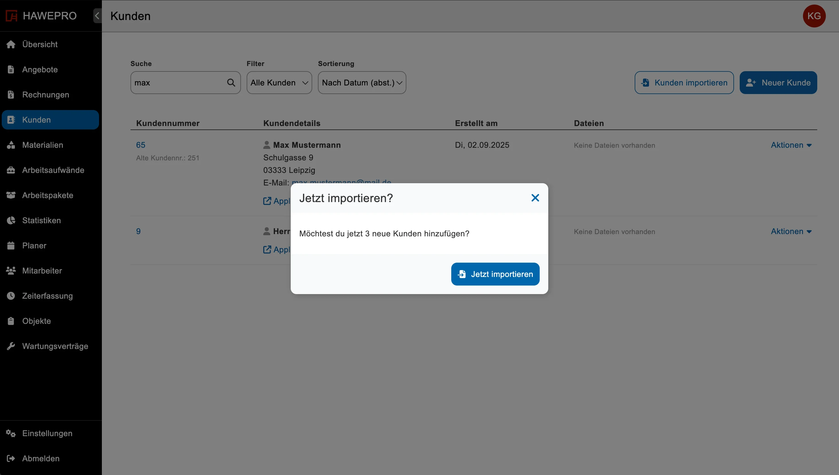 Kunden-Import in Hawepro starten