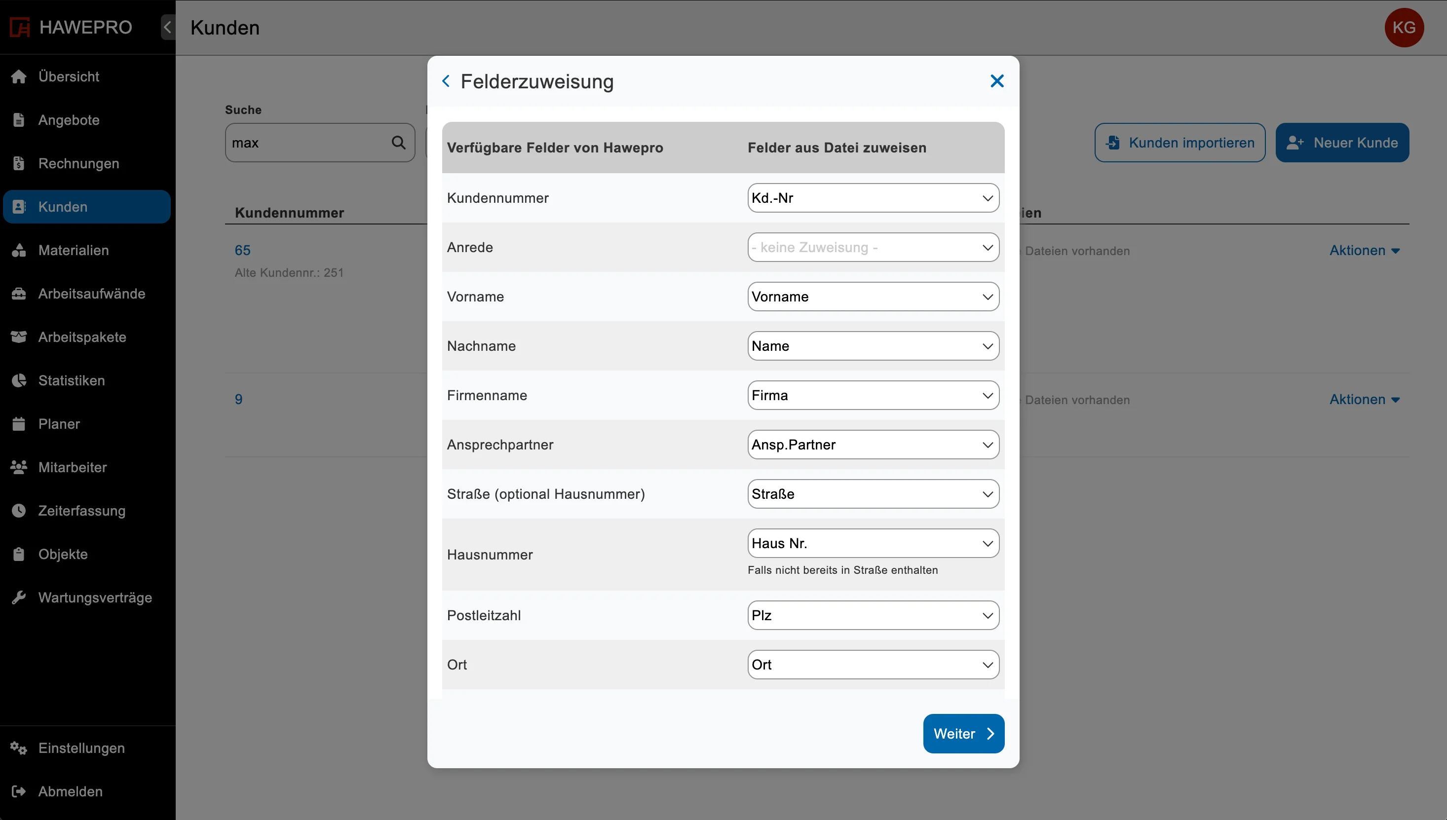 Kunden-Import Felder zuweisen - Mapping