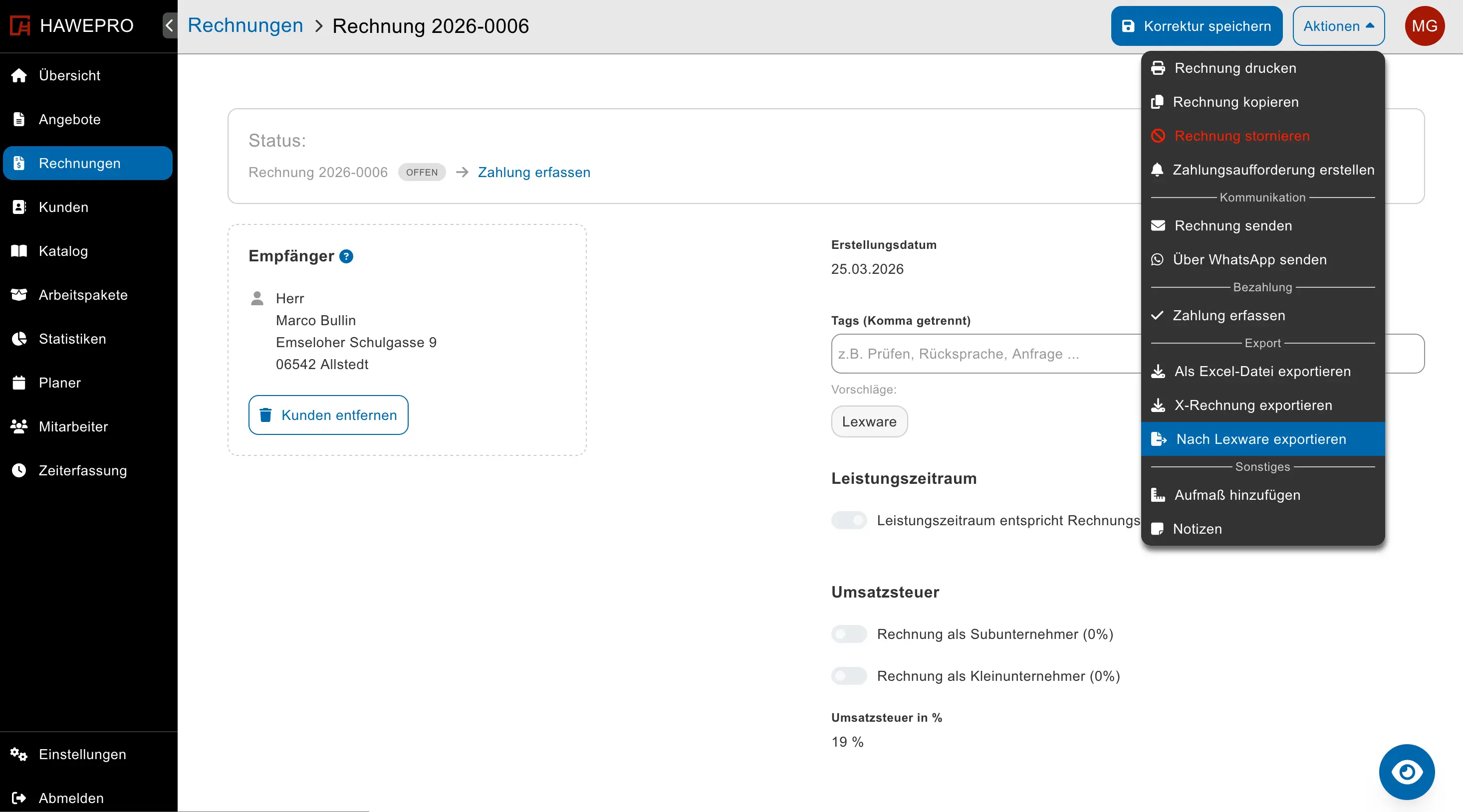 Lexware Office Schnittstelle in Hawepro