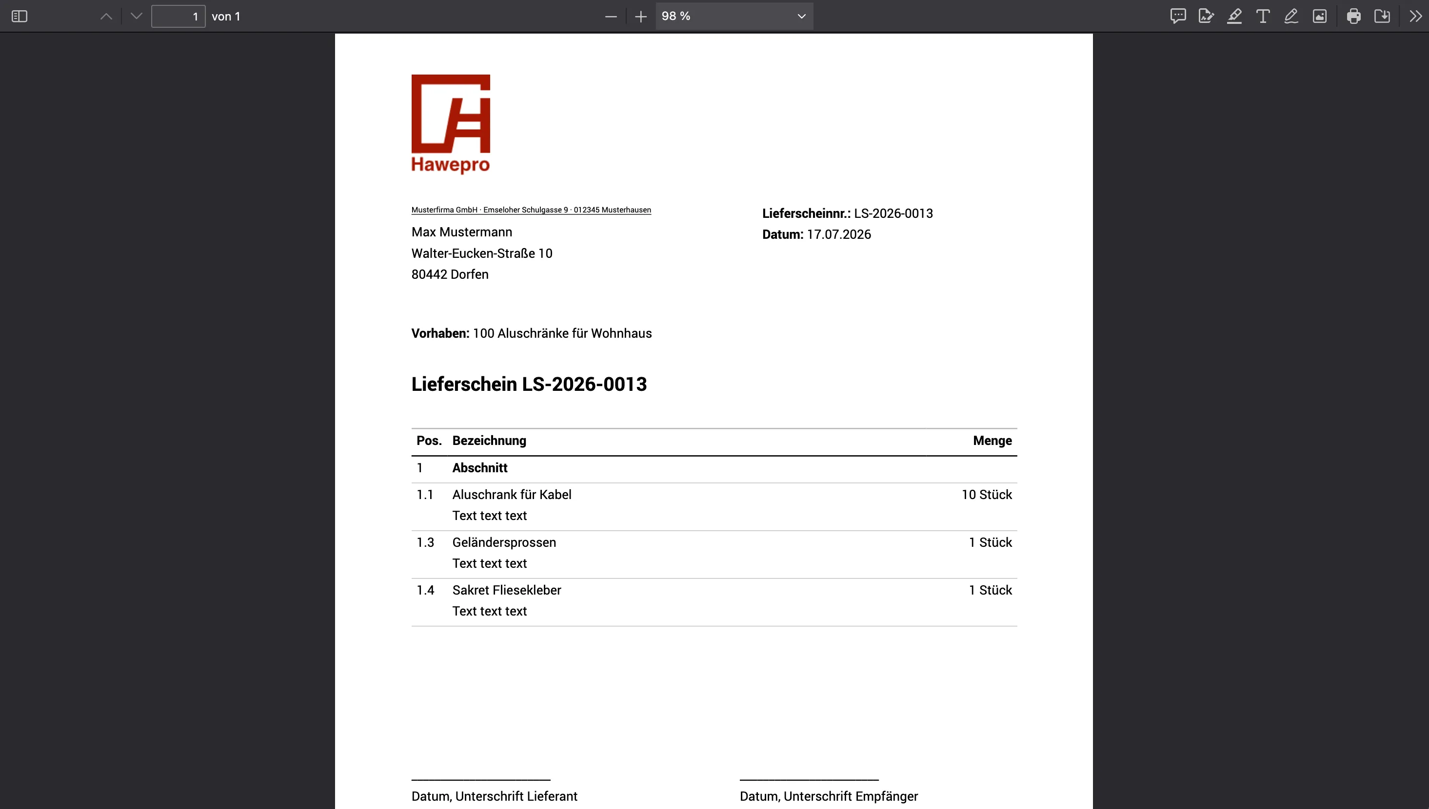 Lieferschein-Erstelldialog in Hawepro