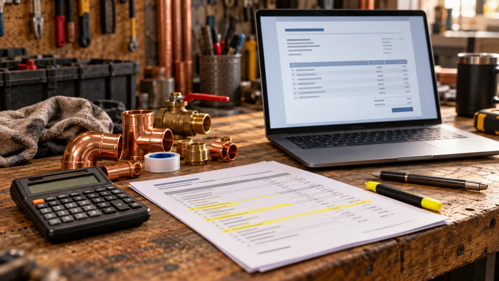Werkbank mit Taschenrechner, Preisliste des Großhändlers, Kupferfittings und Laptop mit Angebot