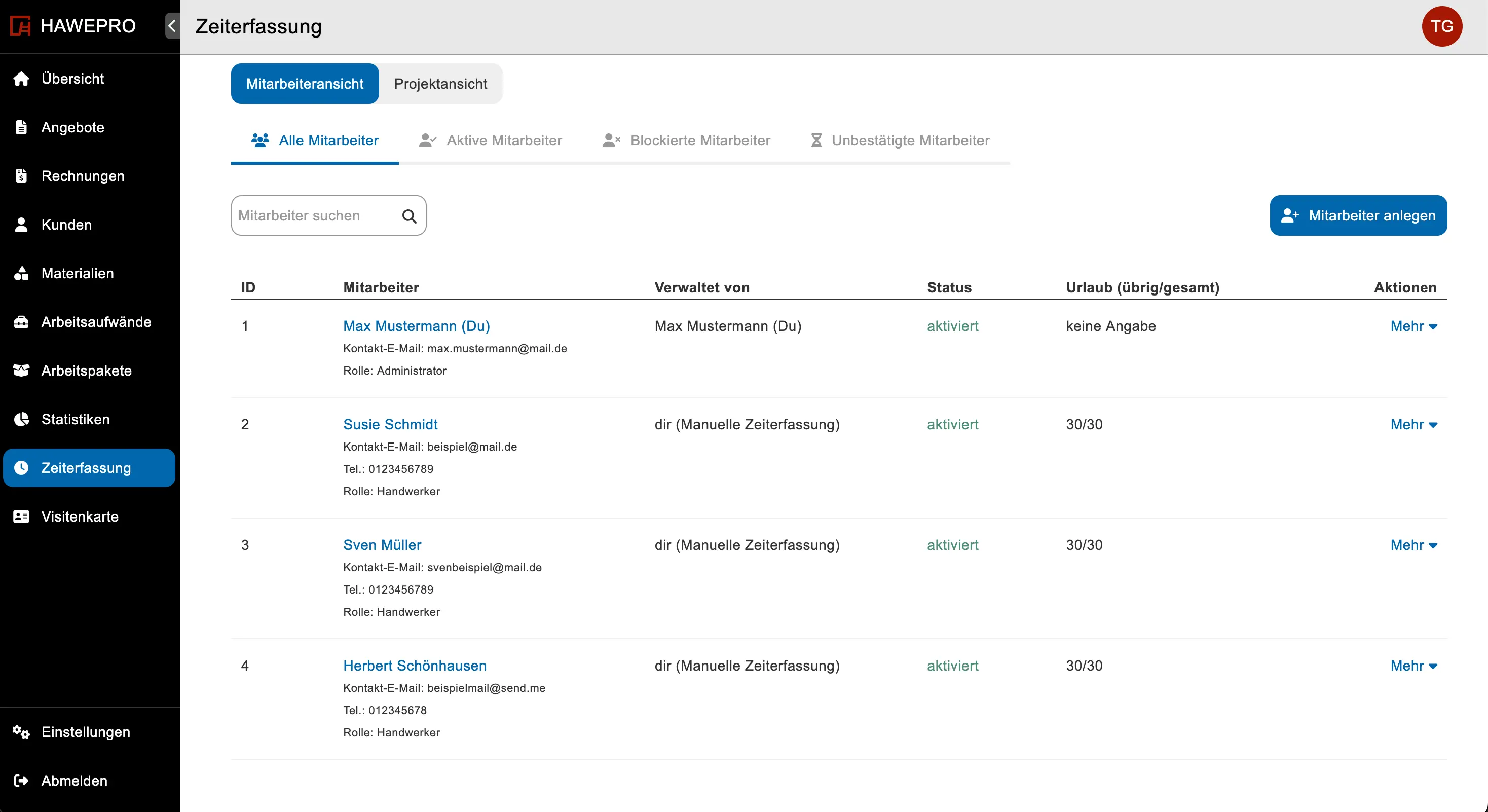 Mitarbeiterverwaltung in der Software für Handwerker von Hawepro