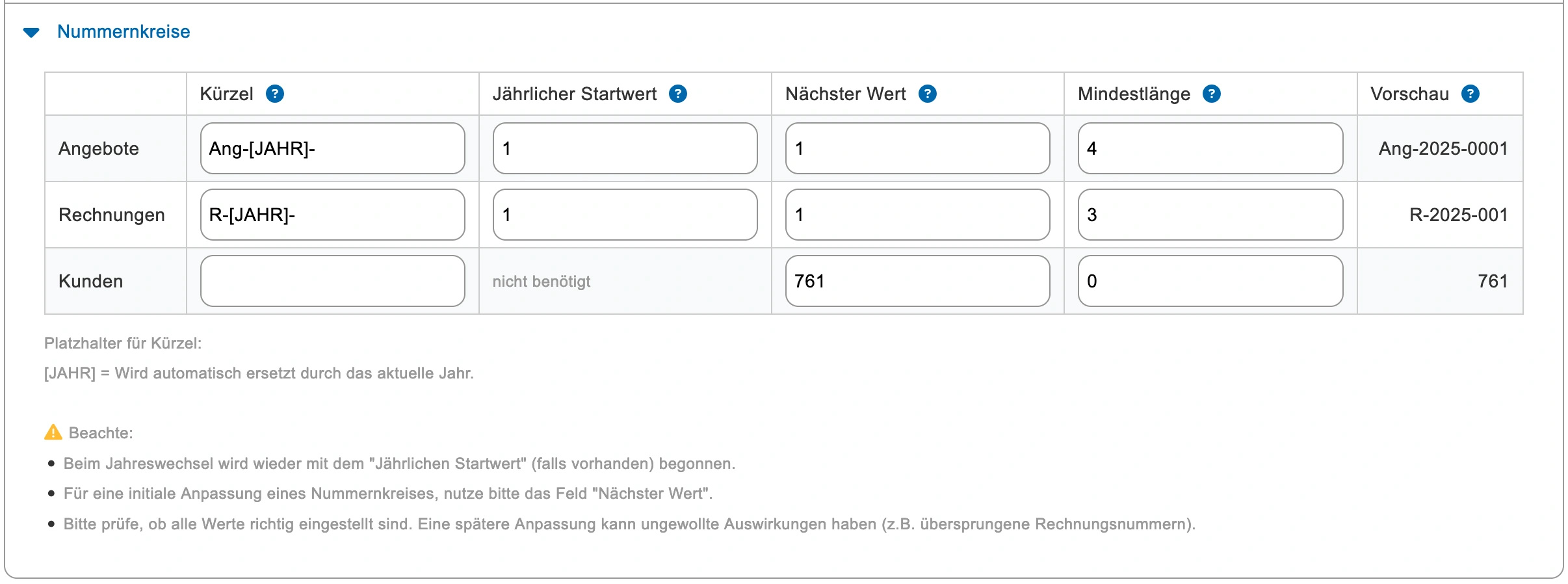 Nummernkreise mit jährlichem Startwert