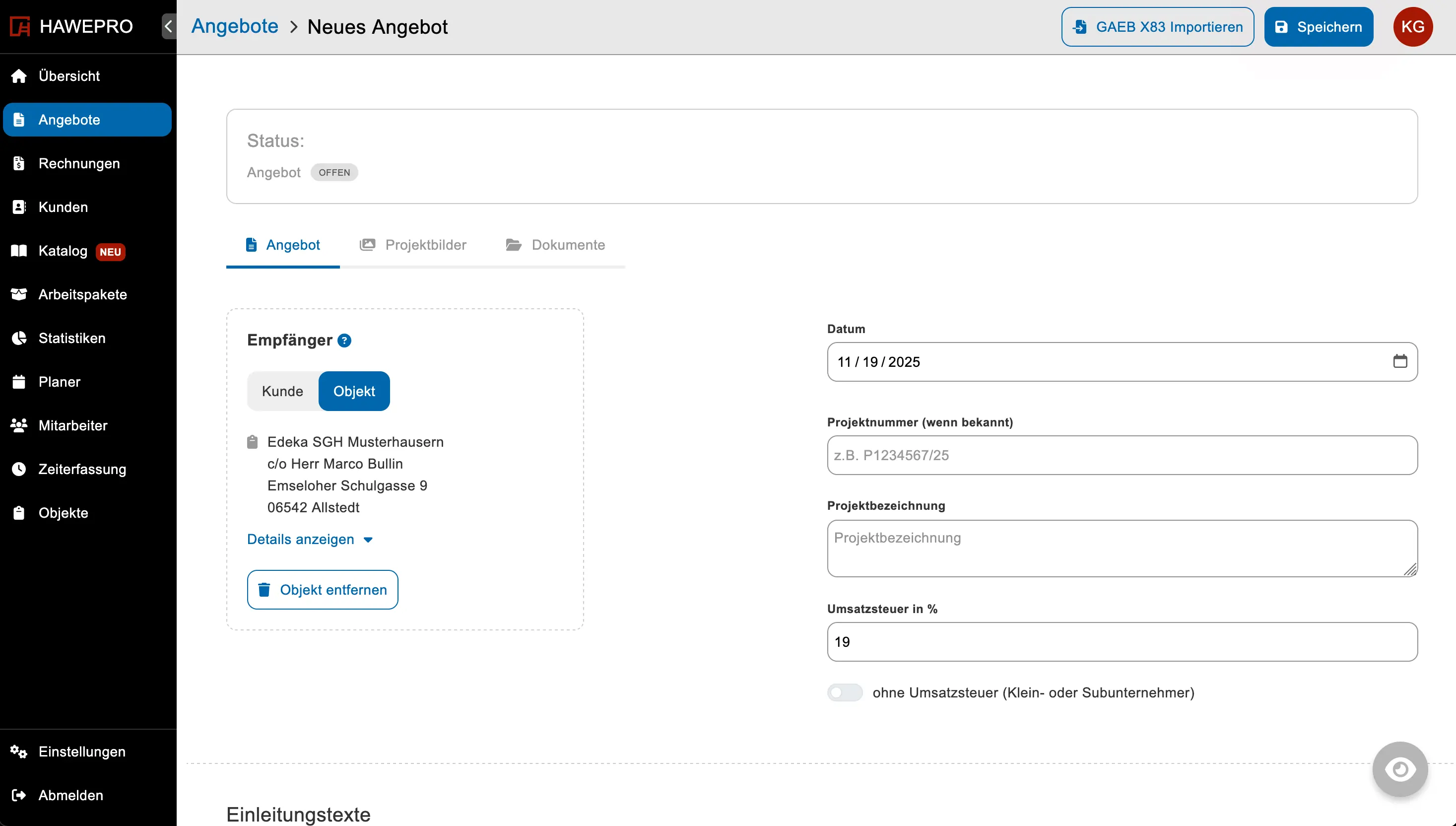 Objektadresse in Angeboten und Rechnungen verwenden
