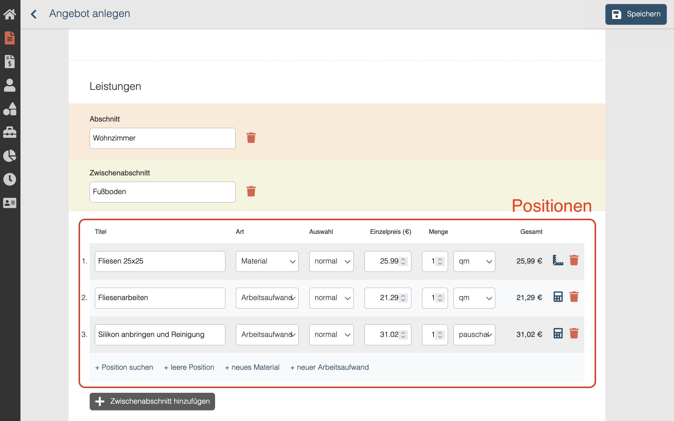Positionen wie Materialien oder Arbeitsaufwände zum Angebot hinzufügen