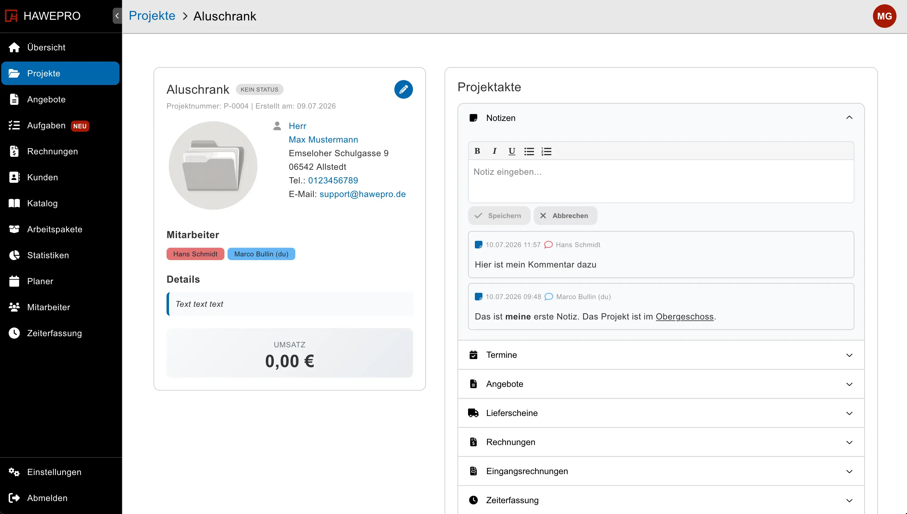 Neue Projektnotiz anlegen in Hawepro