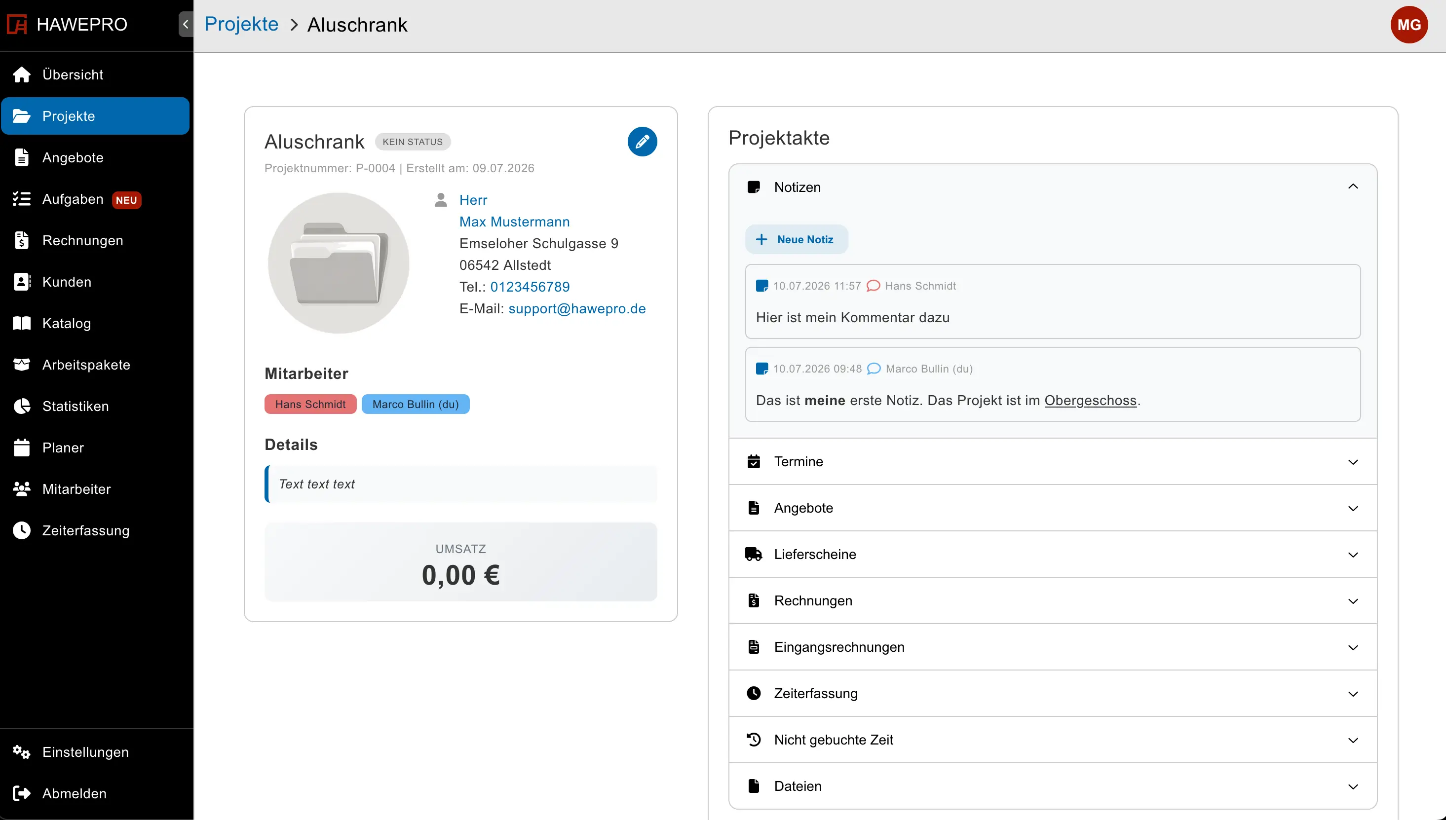 Notizverlauf mit Autor und Zeitstempel in einem Projekt in Hawepro