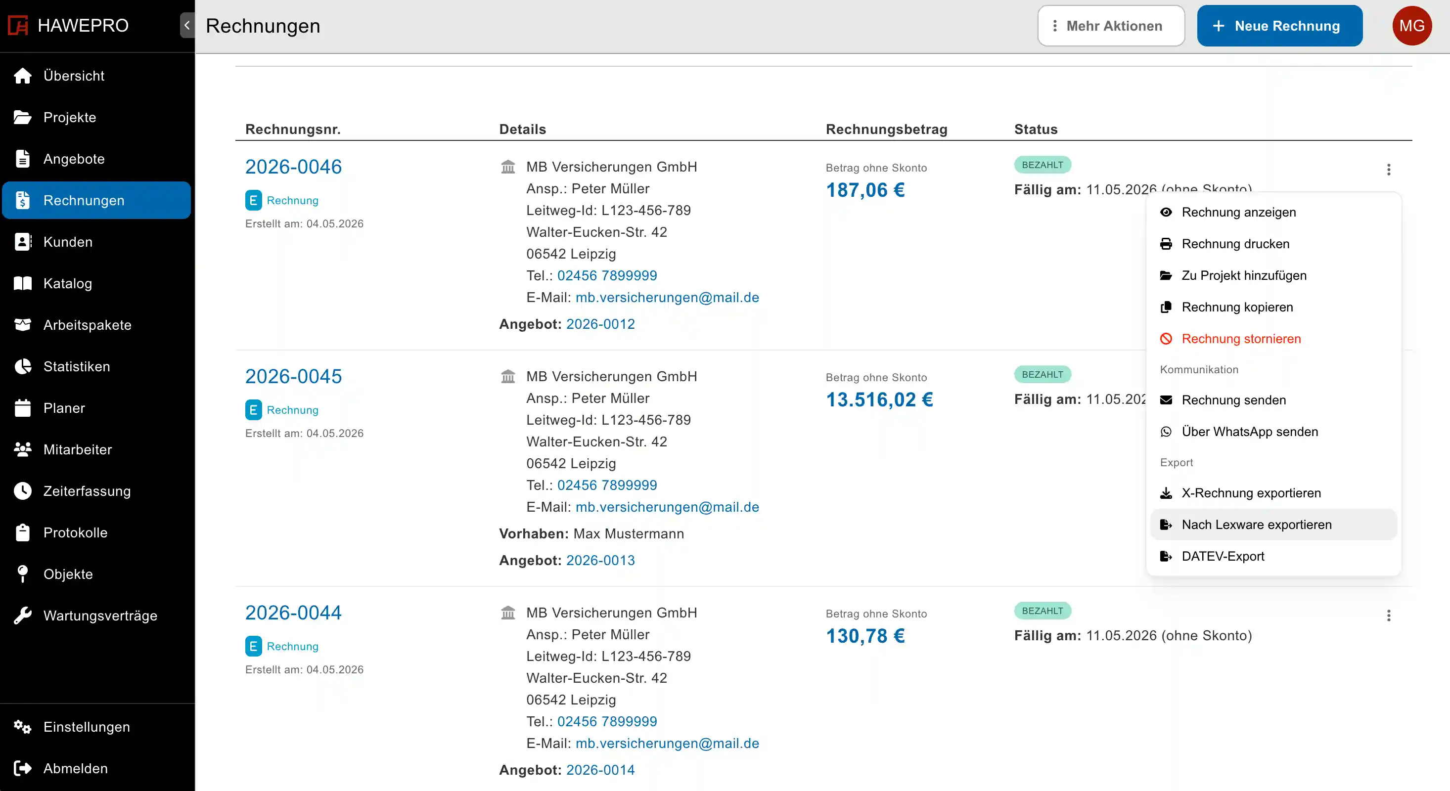 Rechnungen von Hawepro nach Lexware Office exportieren