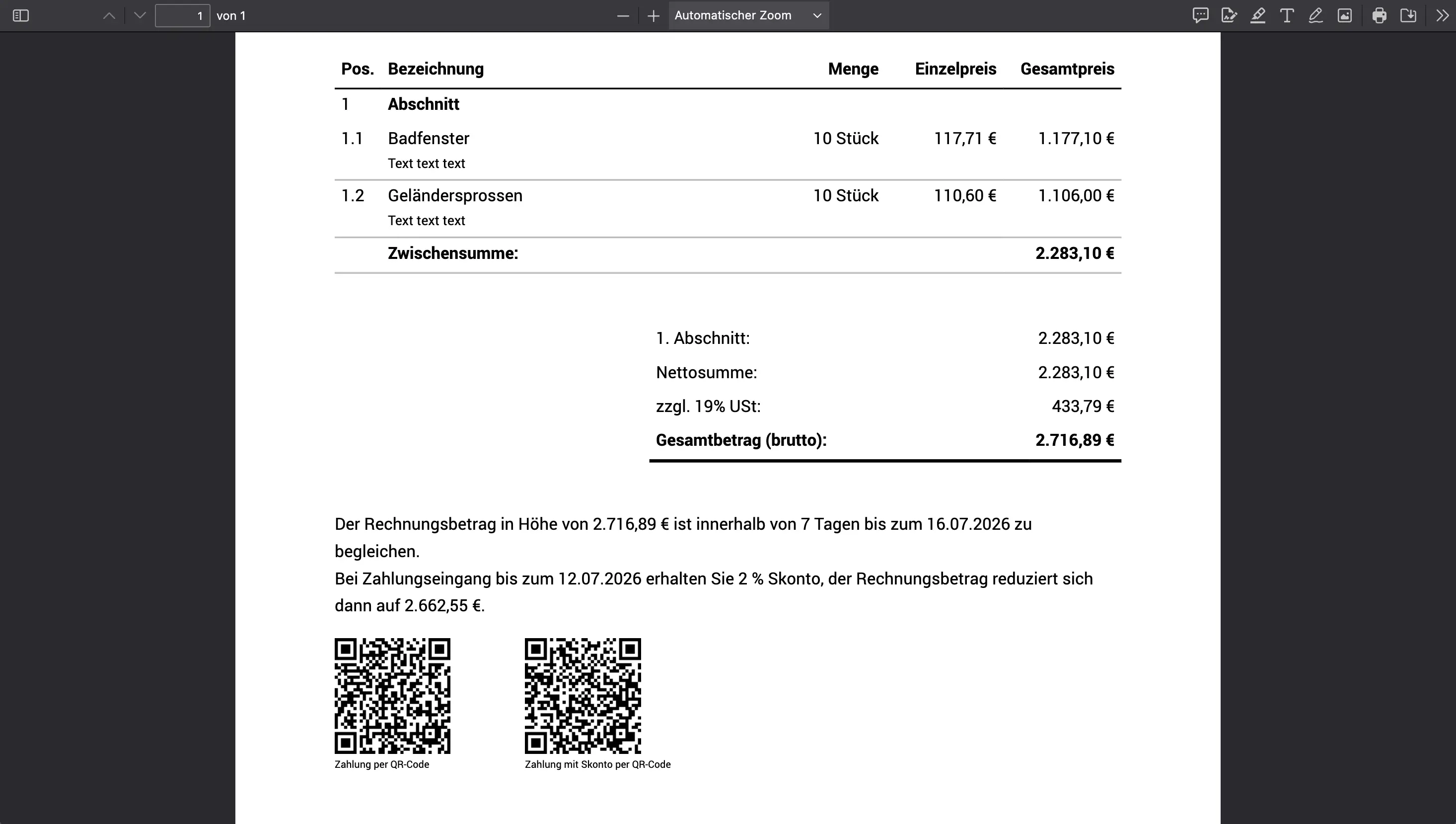 Rechnung mit GiroCode zum Bezahlen per Banking-App in Hawepro