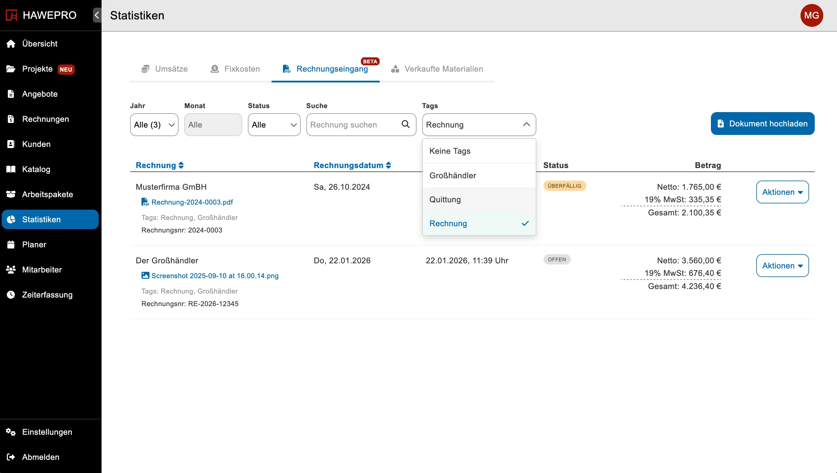 Tagging und Status im Rechnungseingang