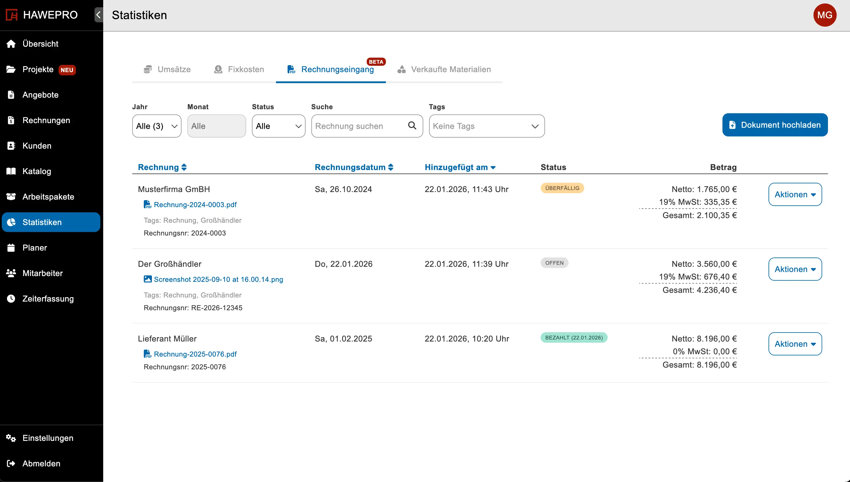 Rechnungseingang in Hawepro