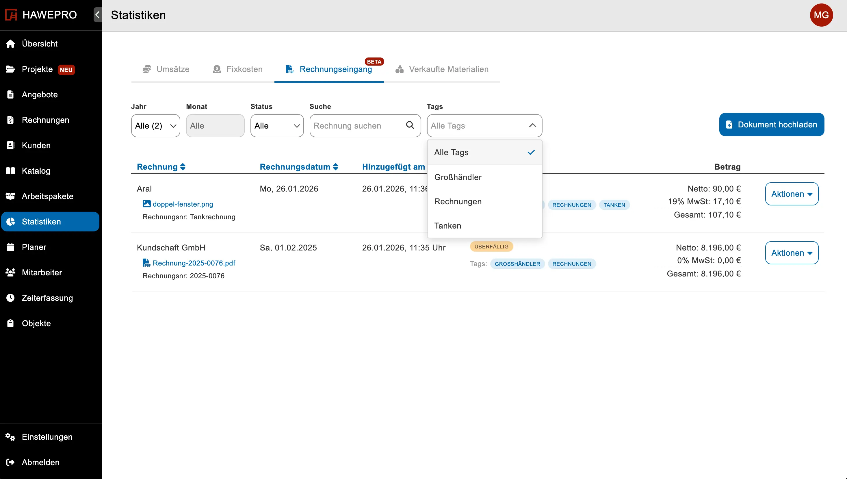 Rechnungseingang nach Tags filtern