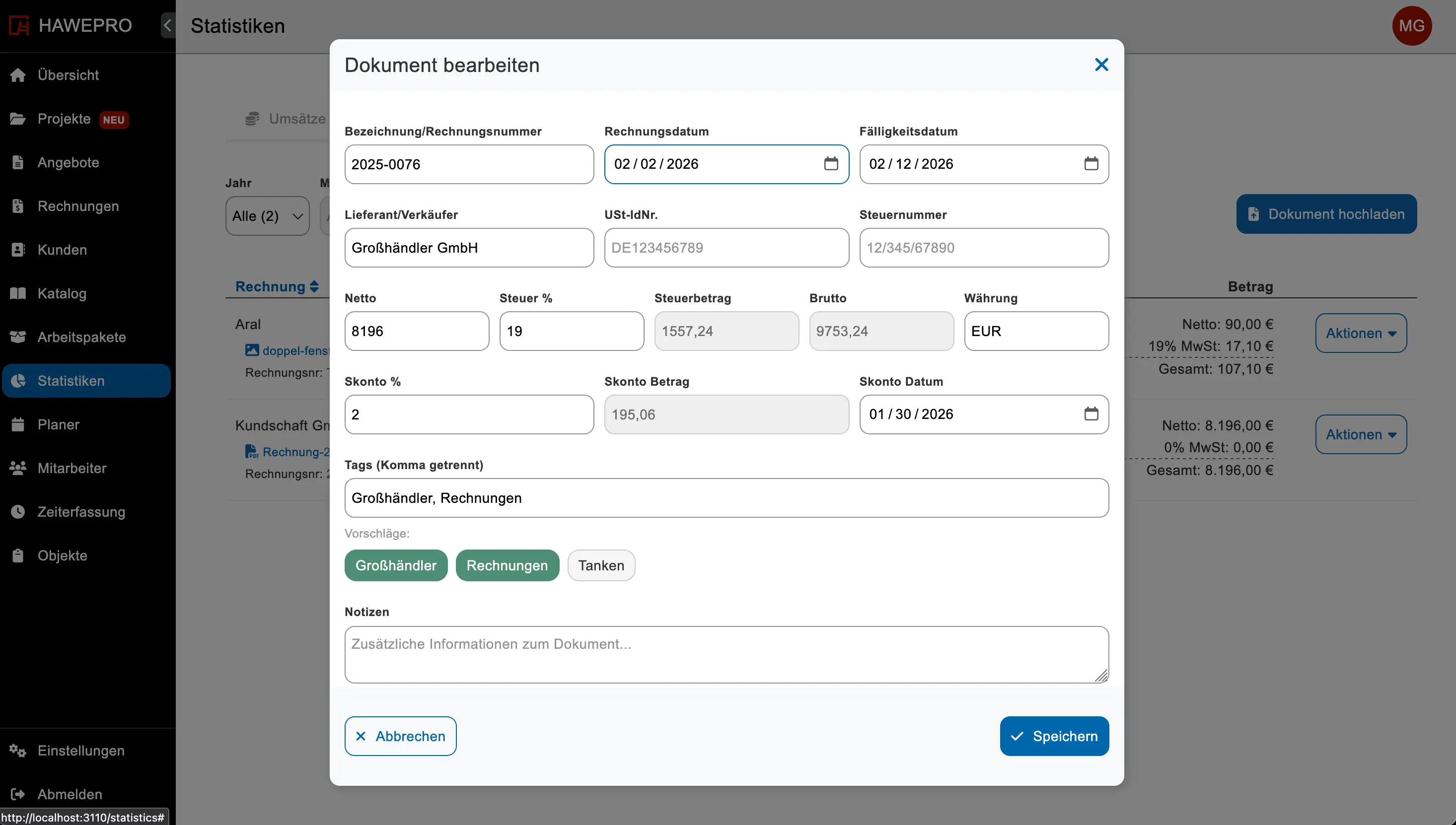 Rechnungseingang Übersicht