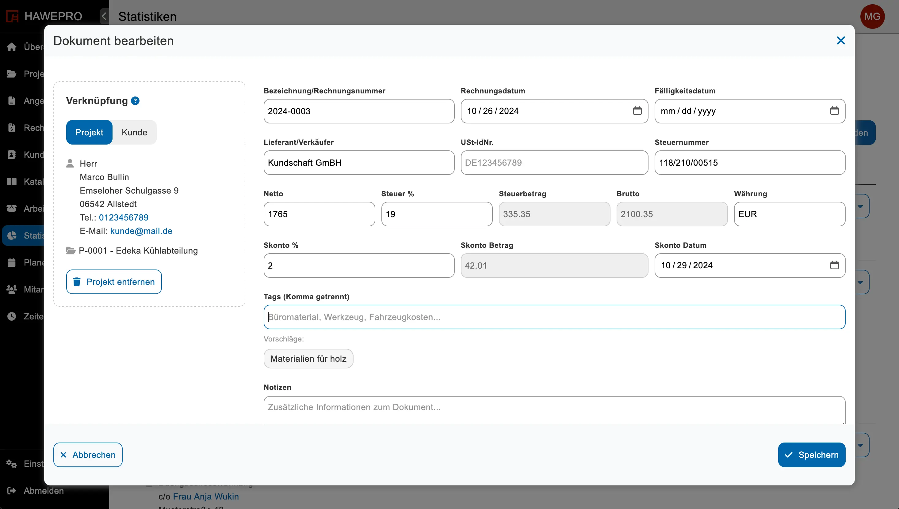 Eingangsrechnungen in Hawepro mit Kunden, Projekten und Objekten verknüpfen