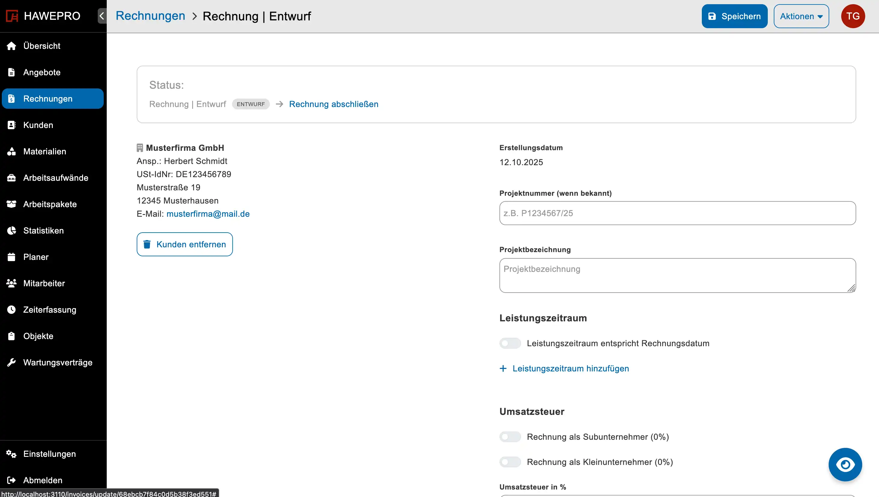 Rechnungseditor mit Pflichtfelder-Check