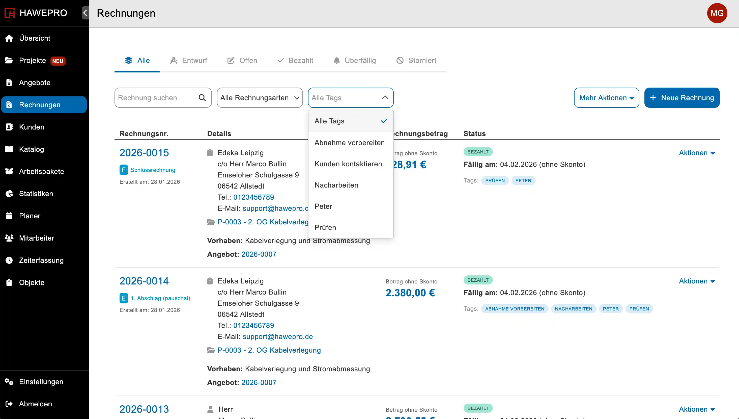Rechnungen nach Tags filtern