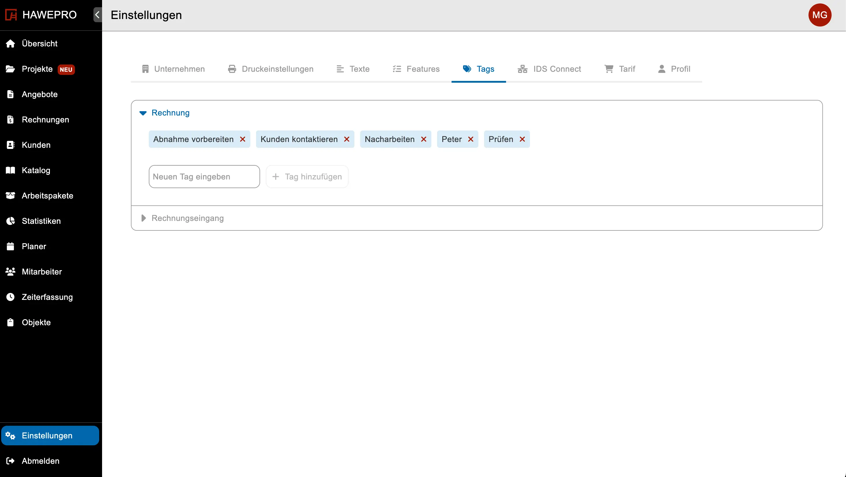 Tags in den Einstellungen verwalten