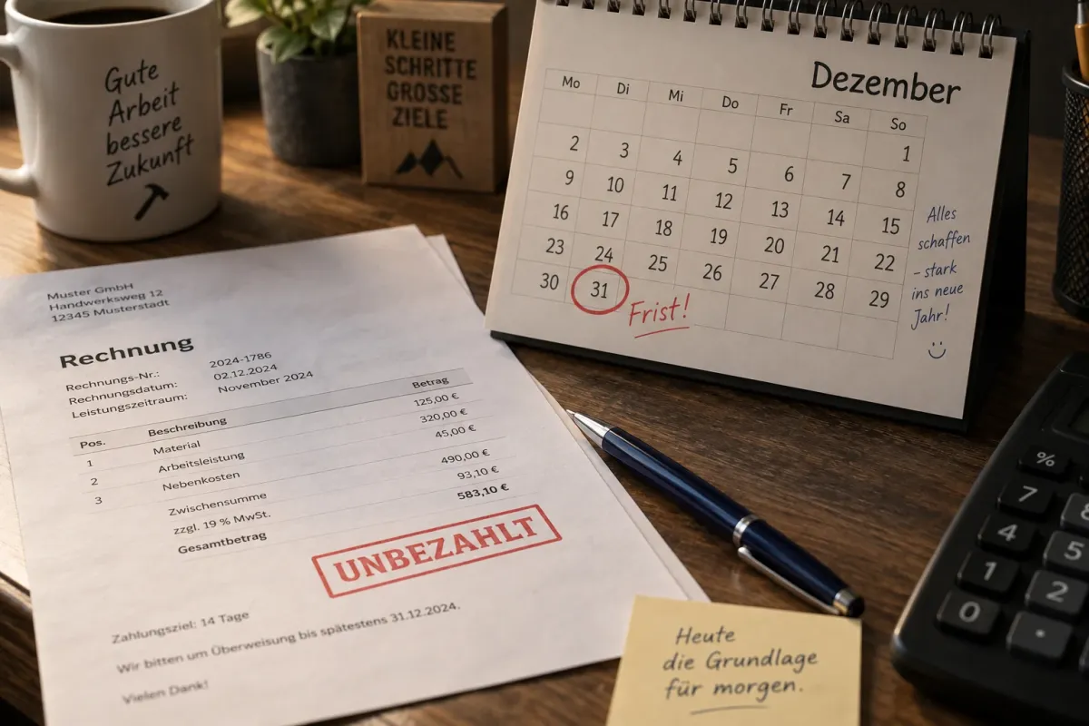 Kalender mit markiertem Jahresende neben einer offenen Handwerkerrechnung