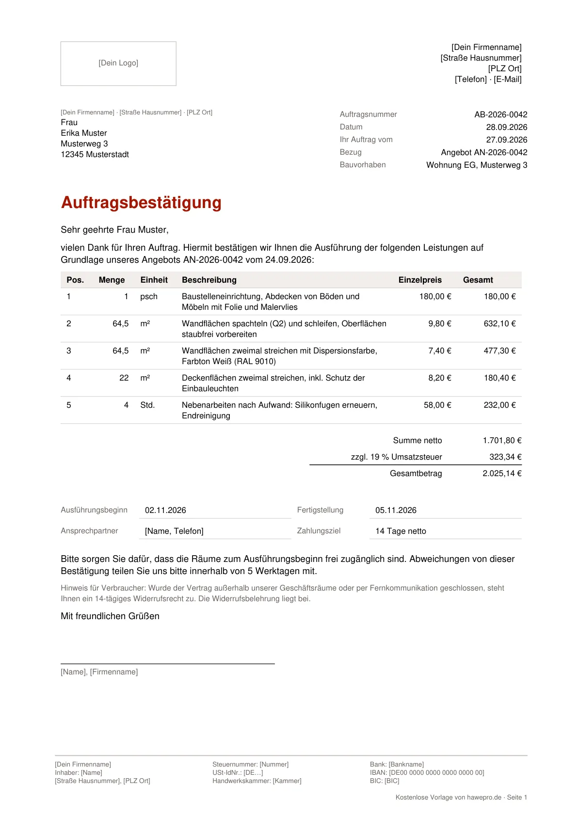 Vorschau: Auftragsbestätigung Vorlage