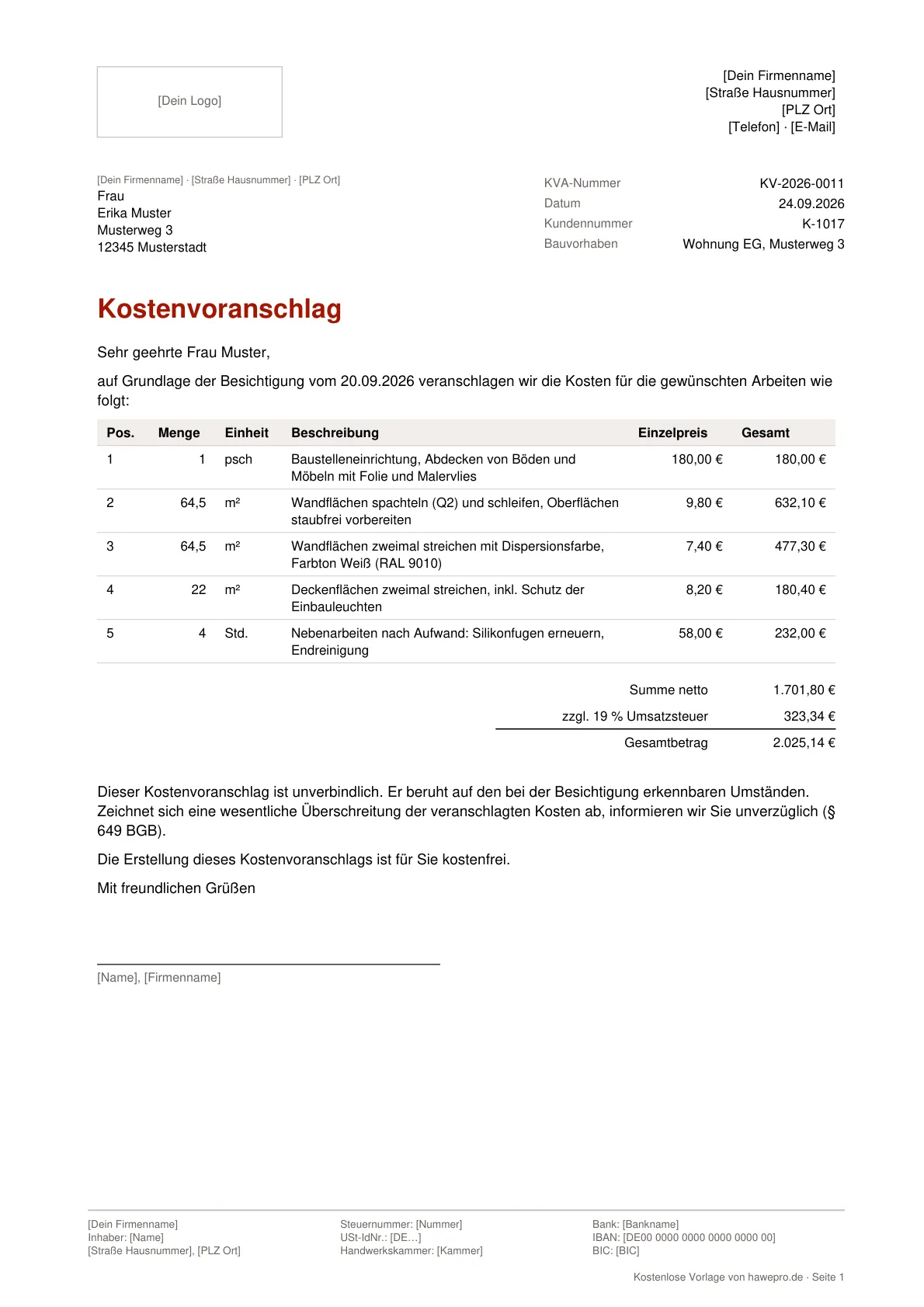 Vorschau: Kostenvoranschlag Vorlage